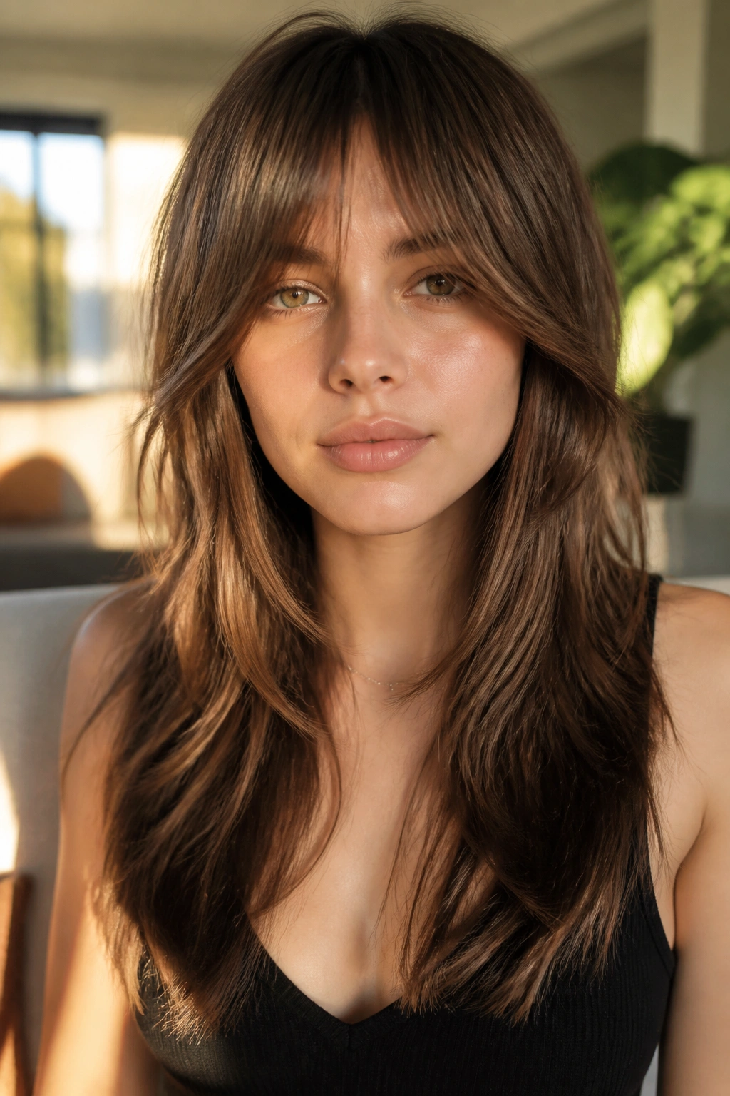 Real person with long layered hair and bottleneck bangs