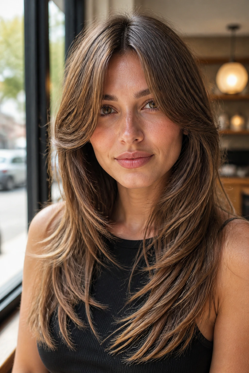 Portrait of a real woman with long layers and bottleneck bangs