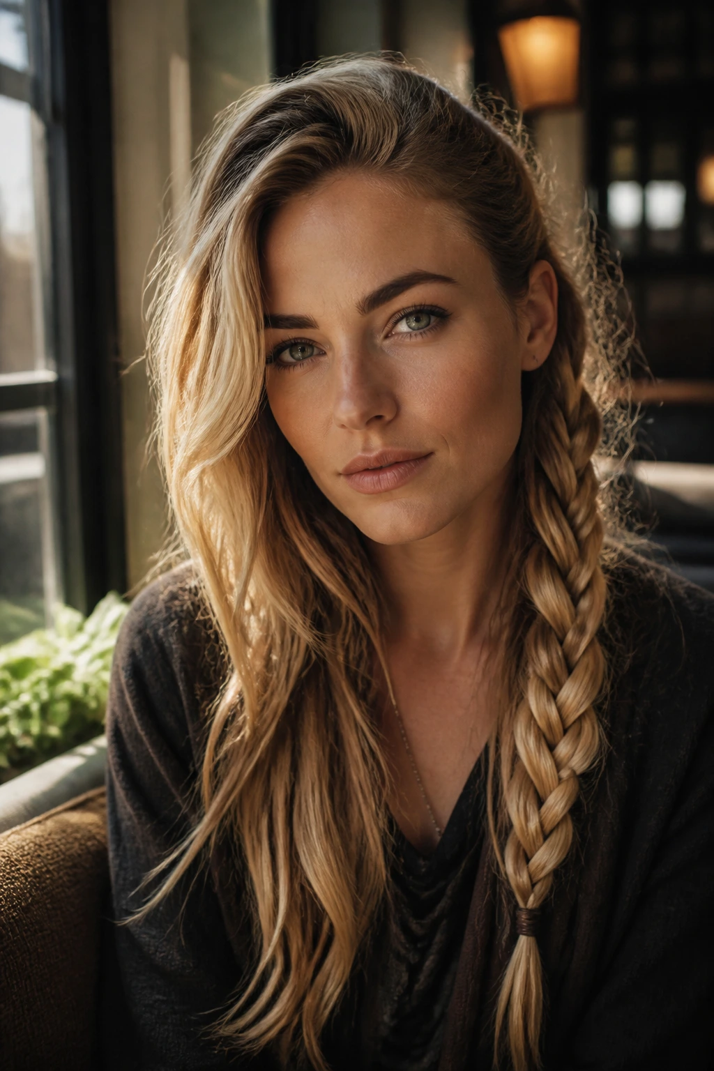 Real woman with long layered hair and a heavy braid over one shoulder, side-parted in natural light.