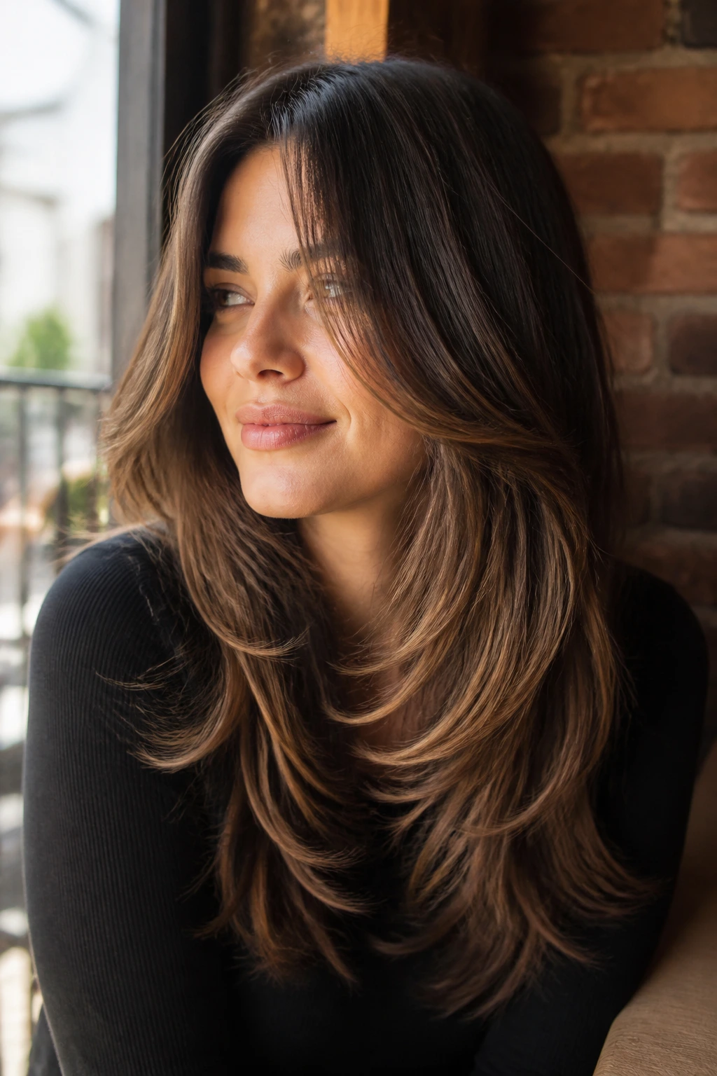 Close-up of a real woman with long layers starting below the cheekbone in warm window light.