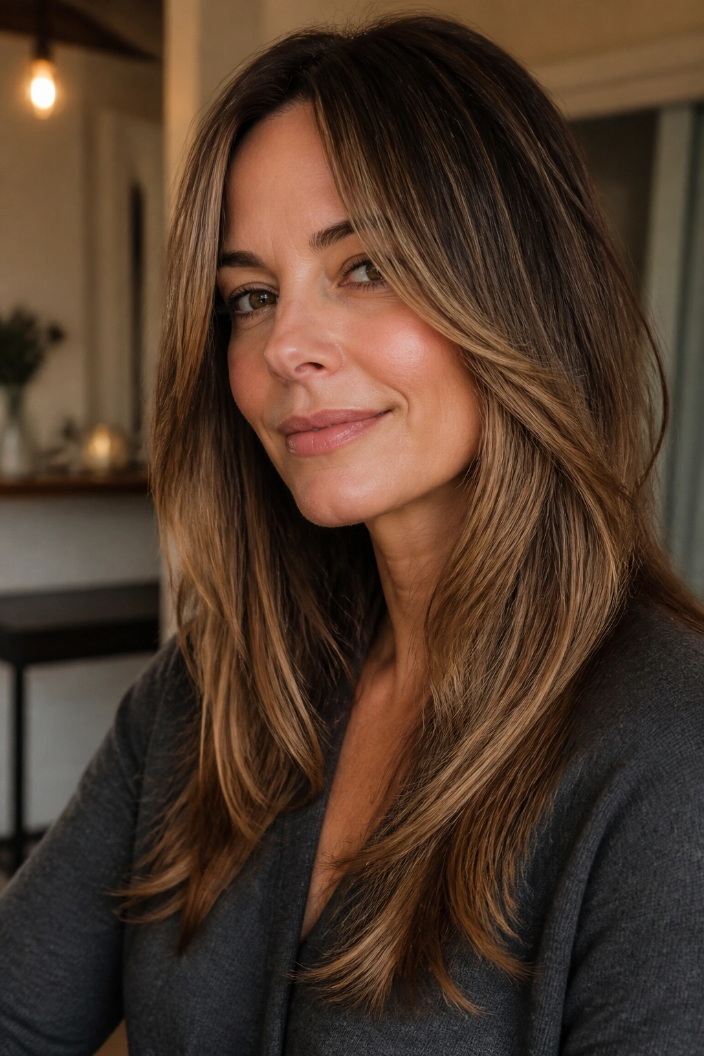 Close-up of real woman with long layers starting below the chin