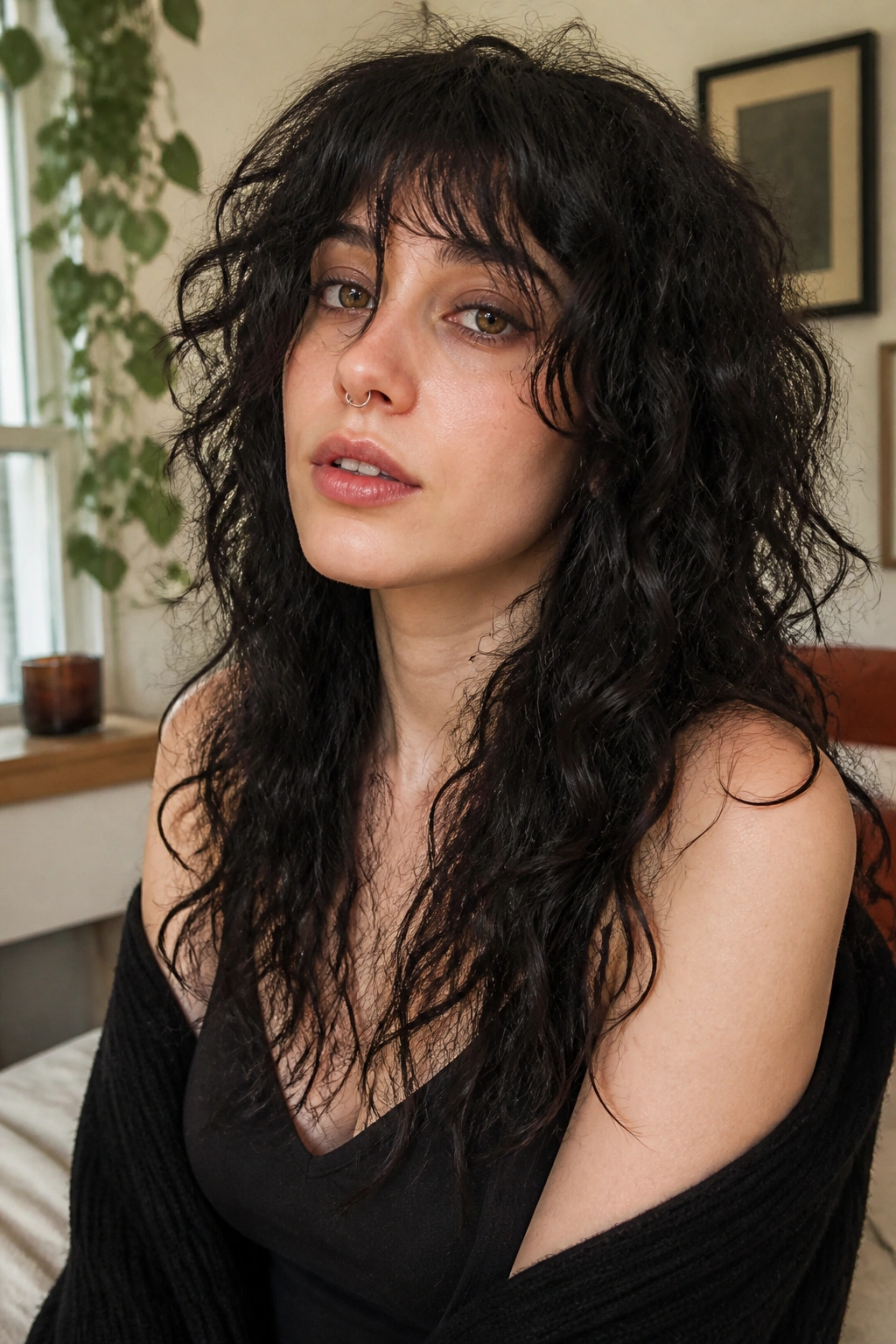 Portrait of real person with long layered curly hair and choppy ends in sunlit room