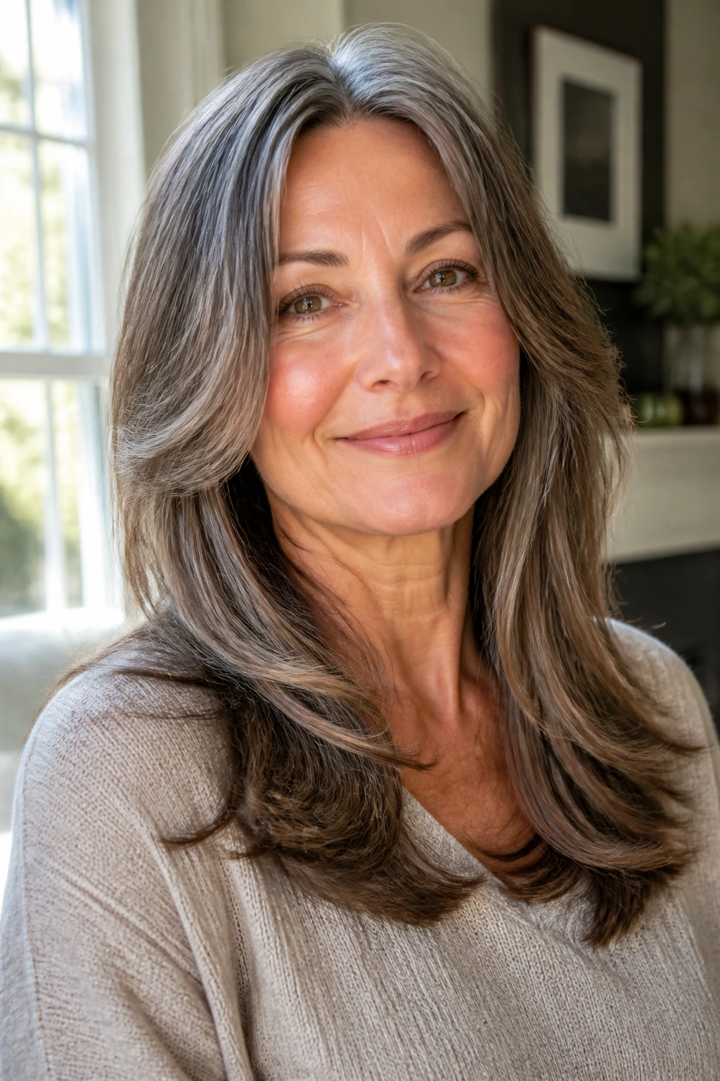 Close-up of a real woman with long layers starting below the collarbone.
