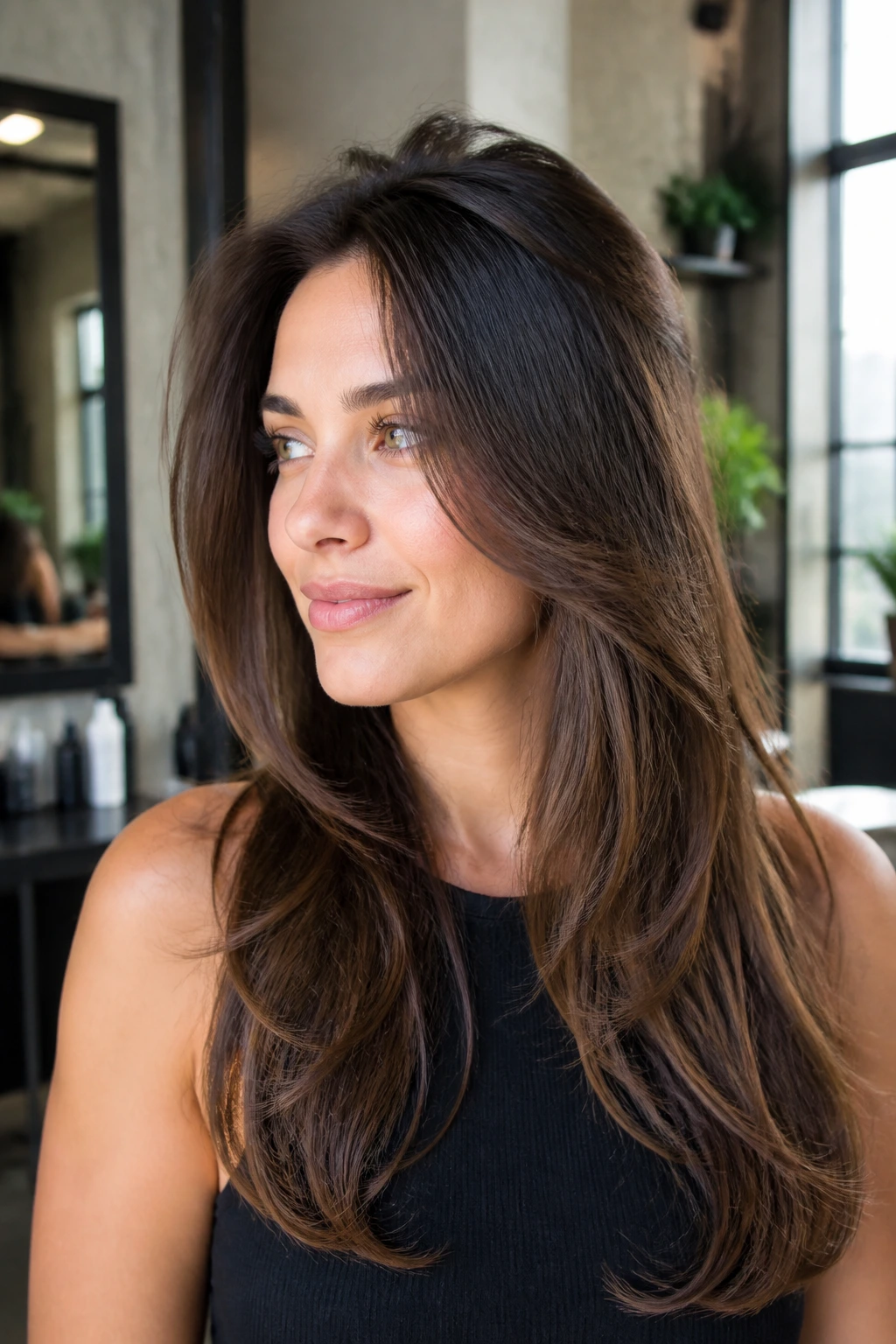 Close-up portrait of a real woman with long layered hair and hidden crown lift, subtle crown volume.