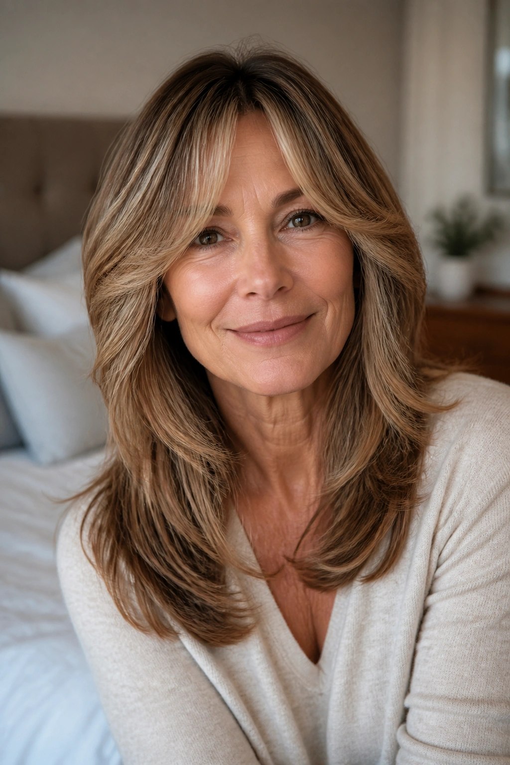 Close-up of older woman with long layers and curtain bangs in warm window light
