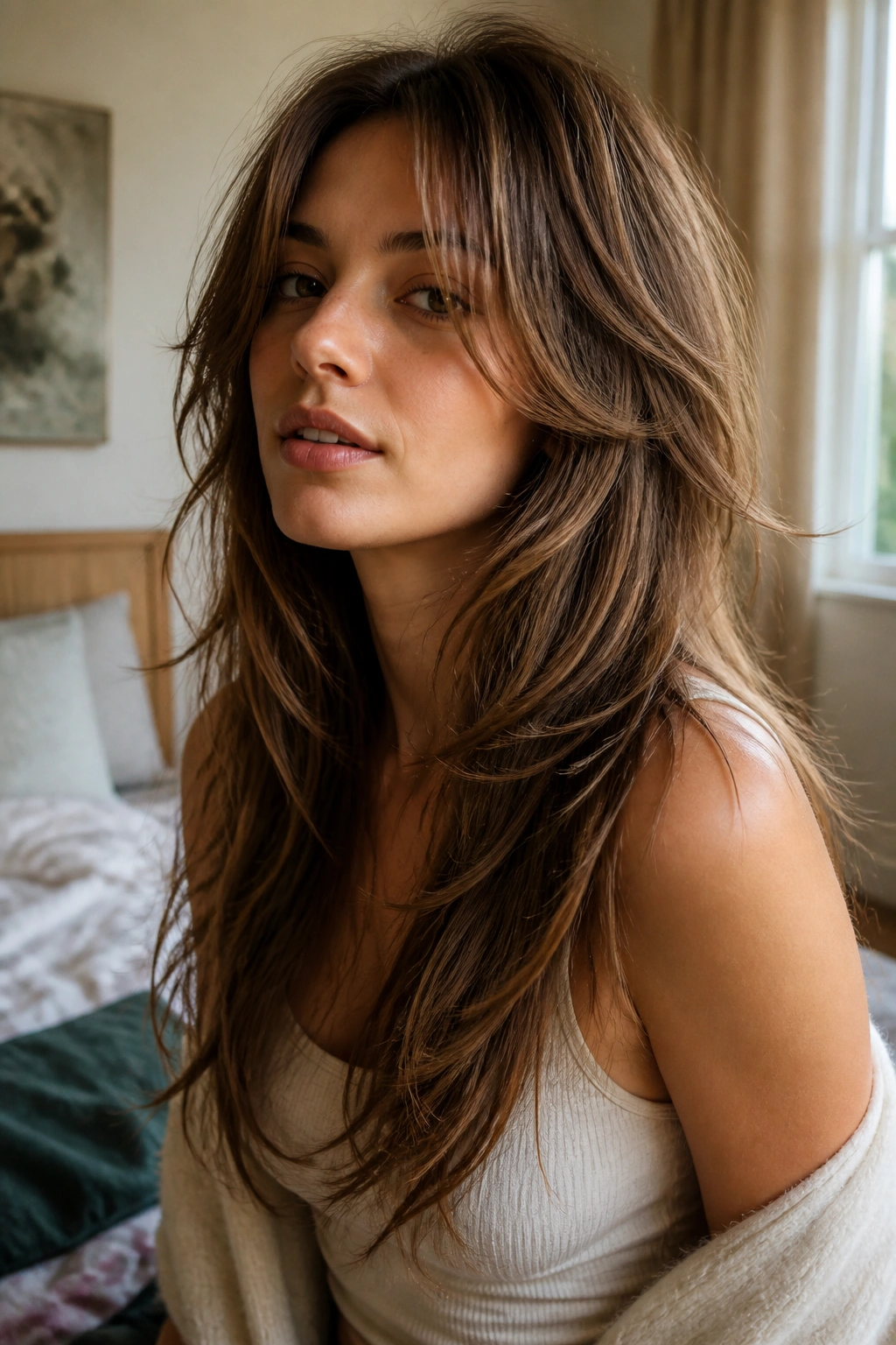 Portrait of a real person with long layers and curtain bangs blending into the first layer