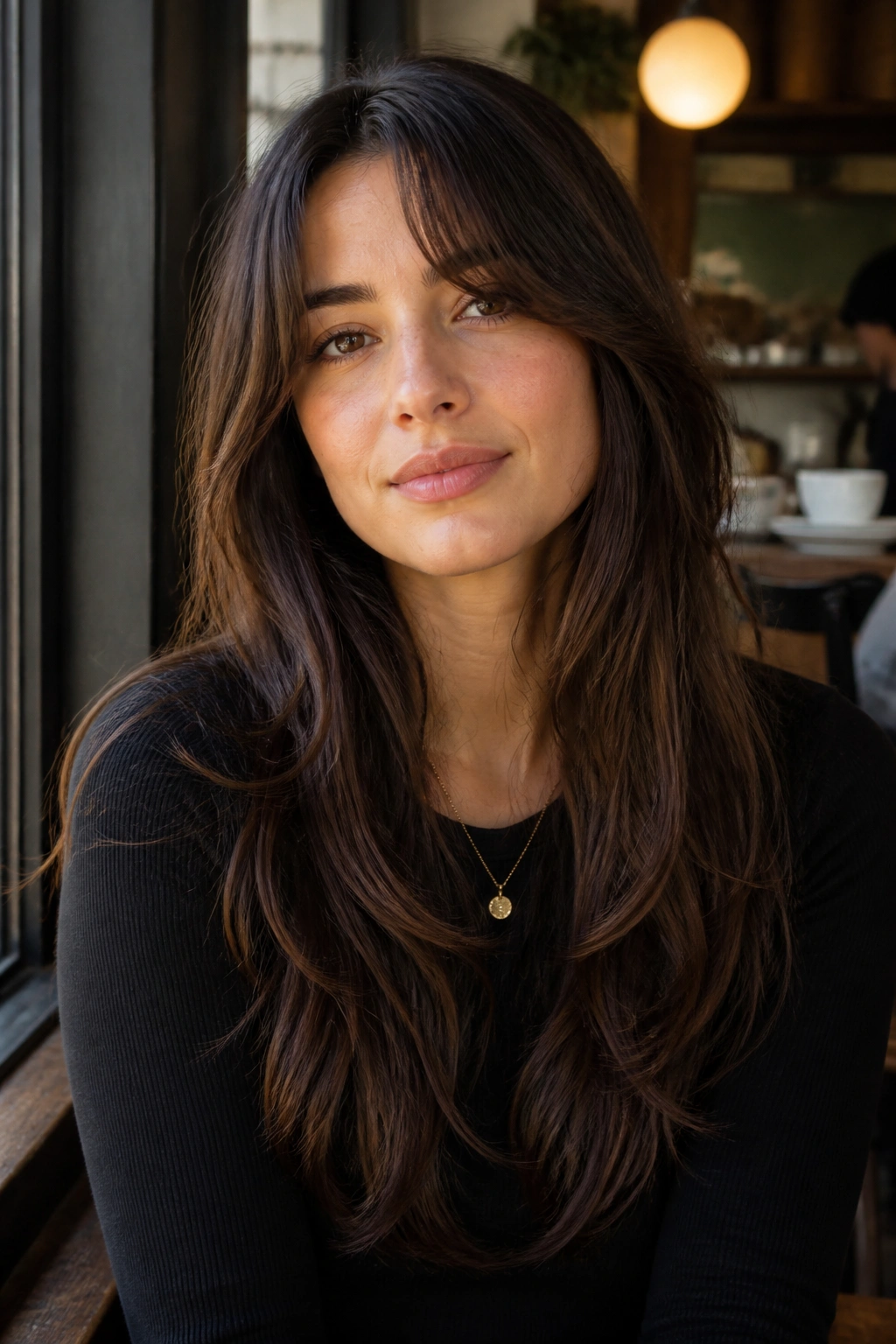 Woman with long layers and curtain bangs in a portrait shot