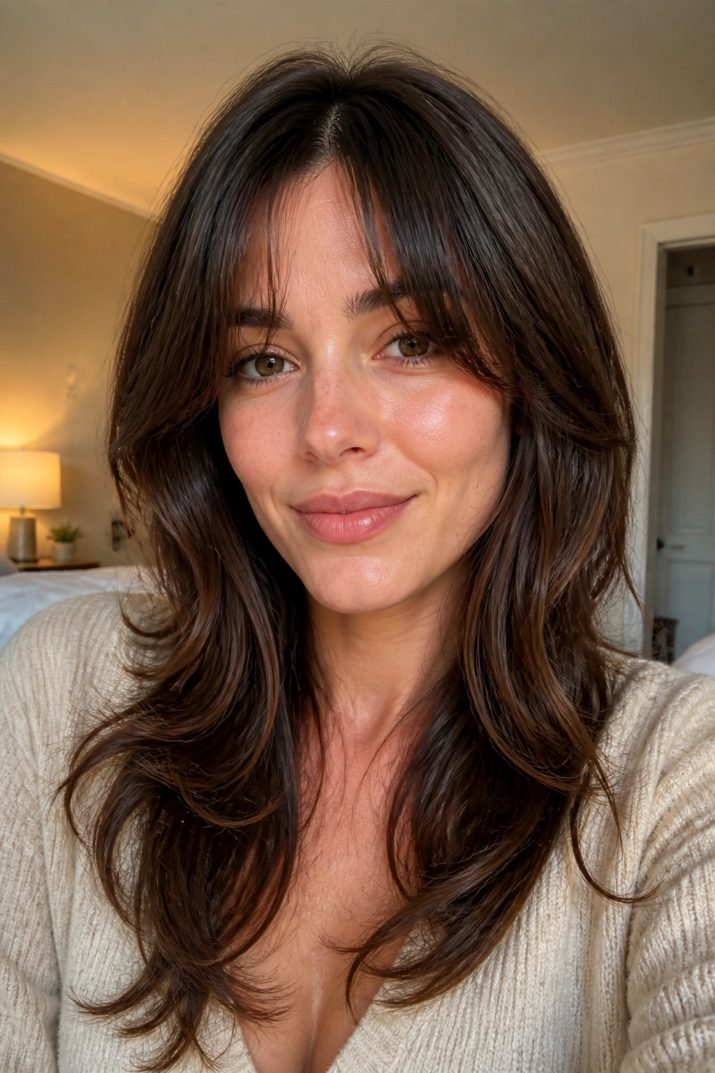 Close-up portrait of a woman with long layered hair and curtain bangs in warm natural light