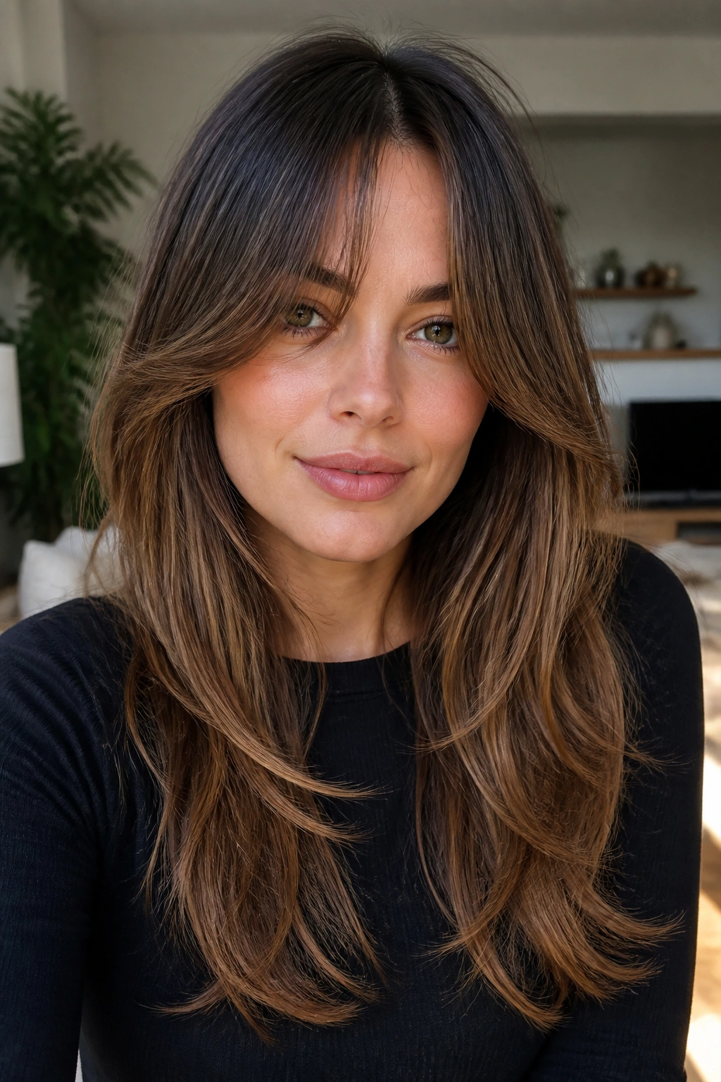 Close-up portrait of a real woman with long hair and curtain bangs