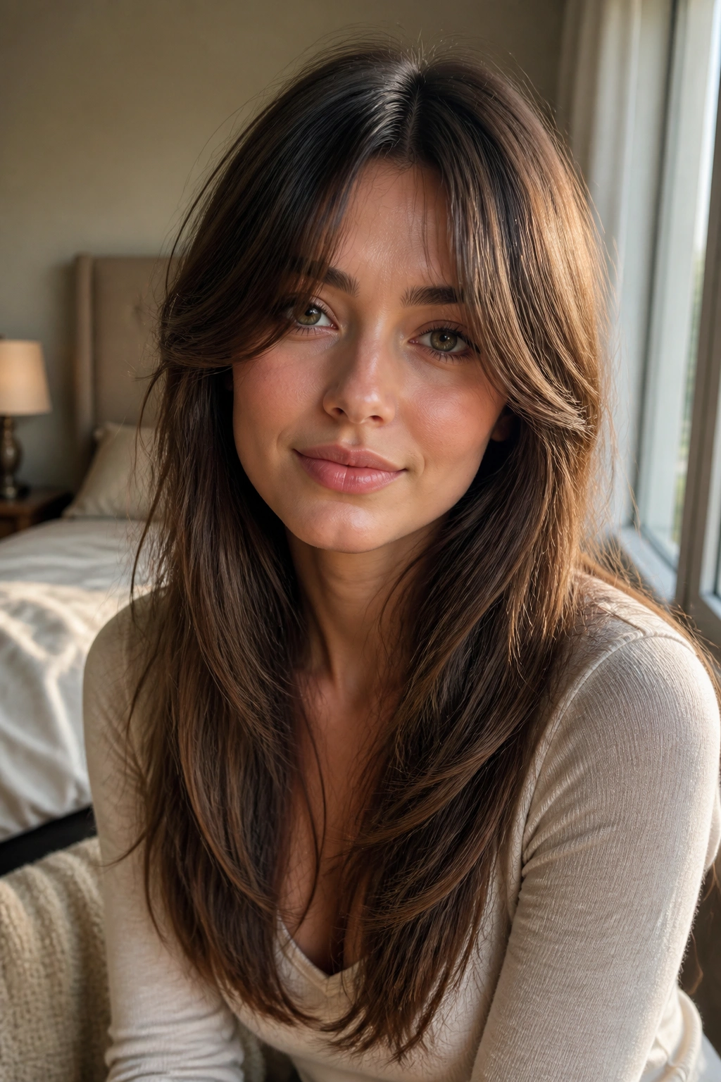 Close-up of a real woman with long layers and curtain fringe