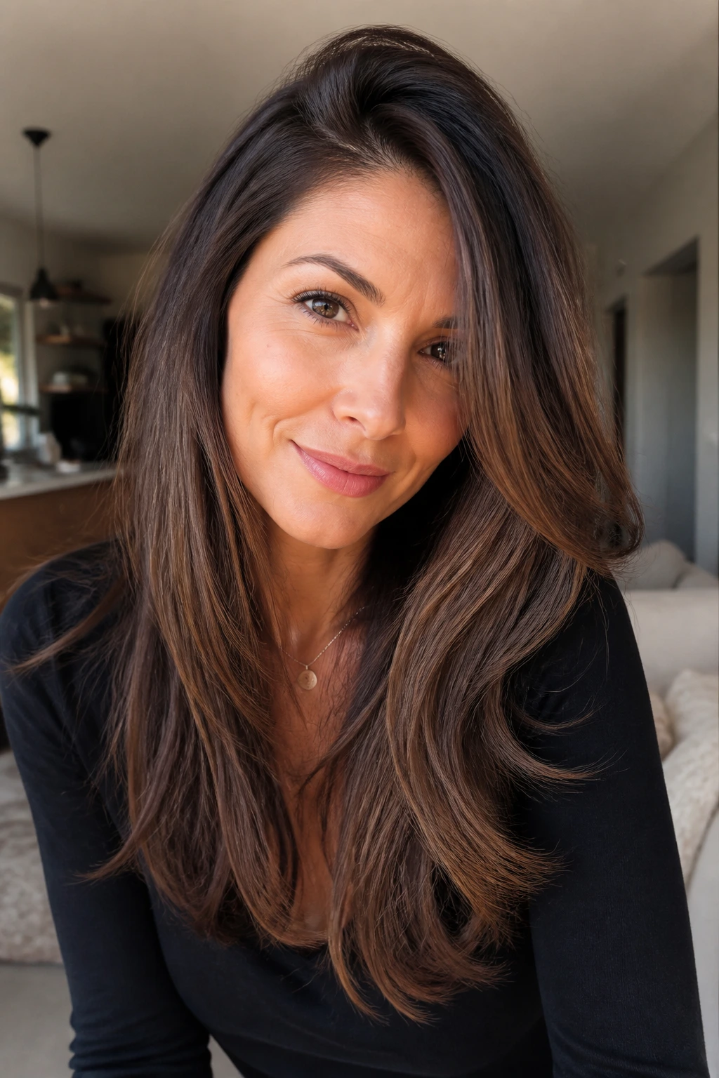 Real woman with long layered hair and deep side part