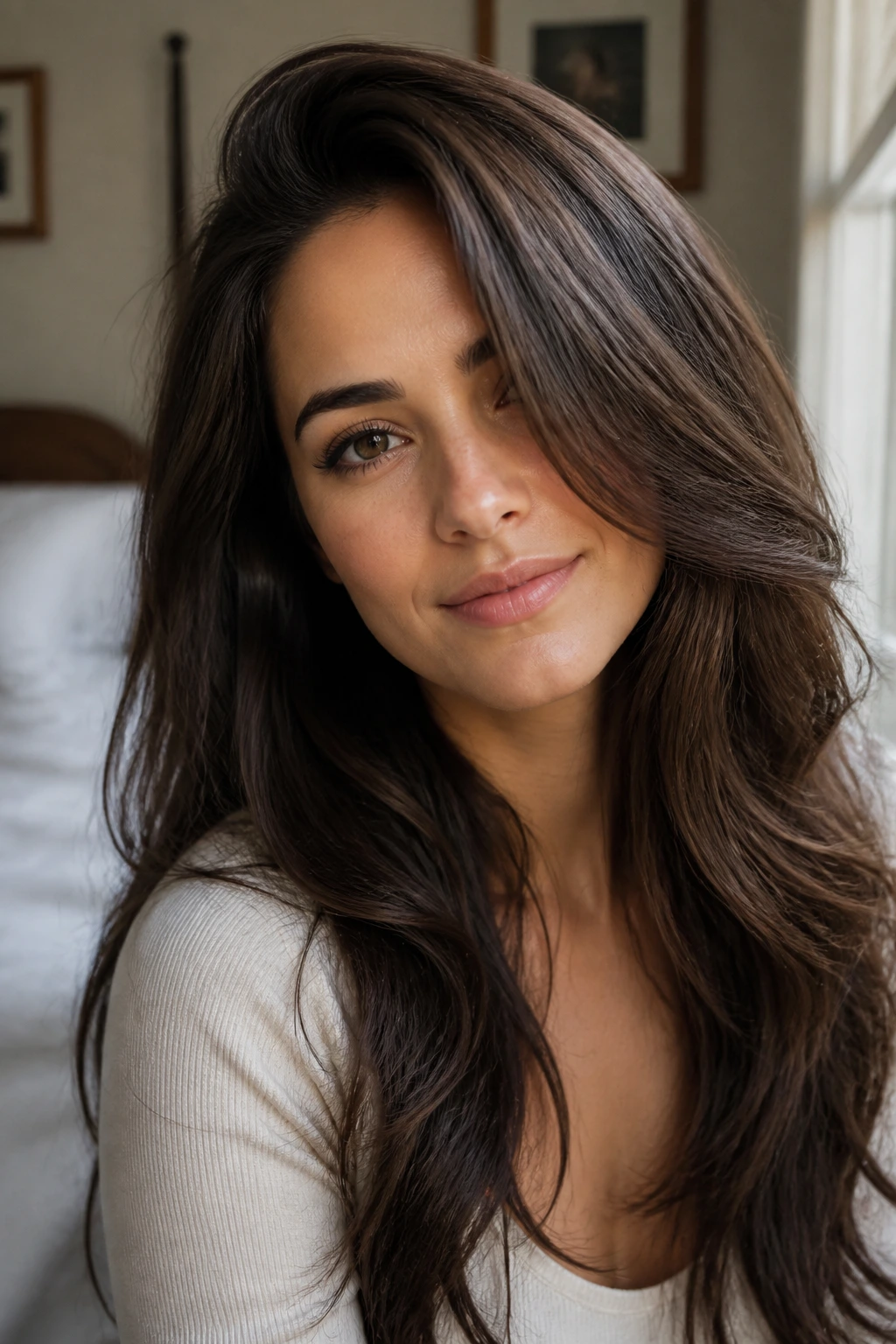 Portrait of a real person with long layered hair and a deep side part.