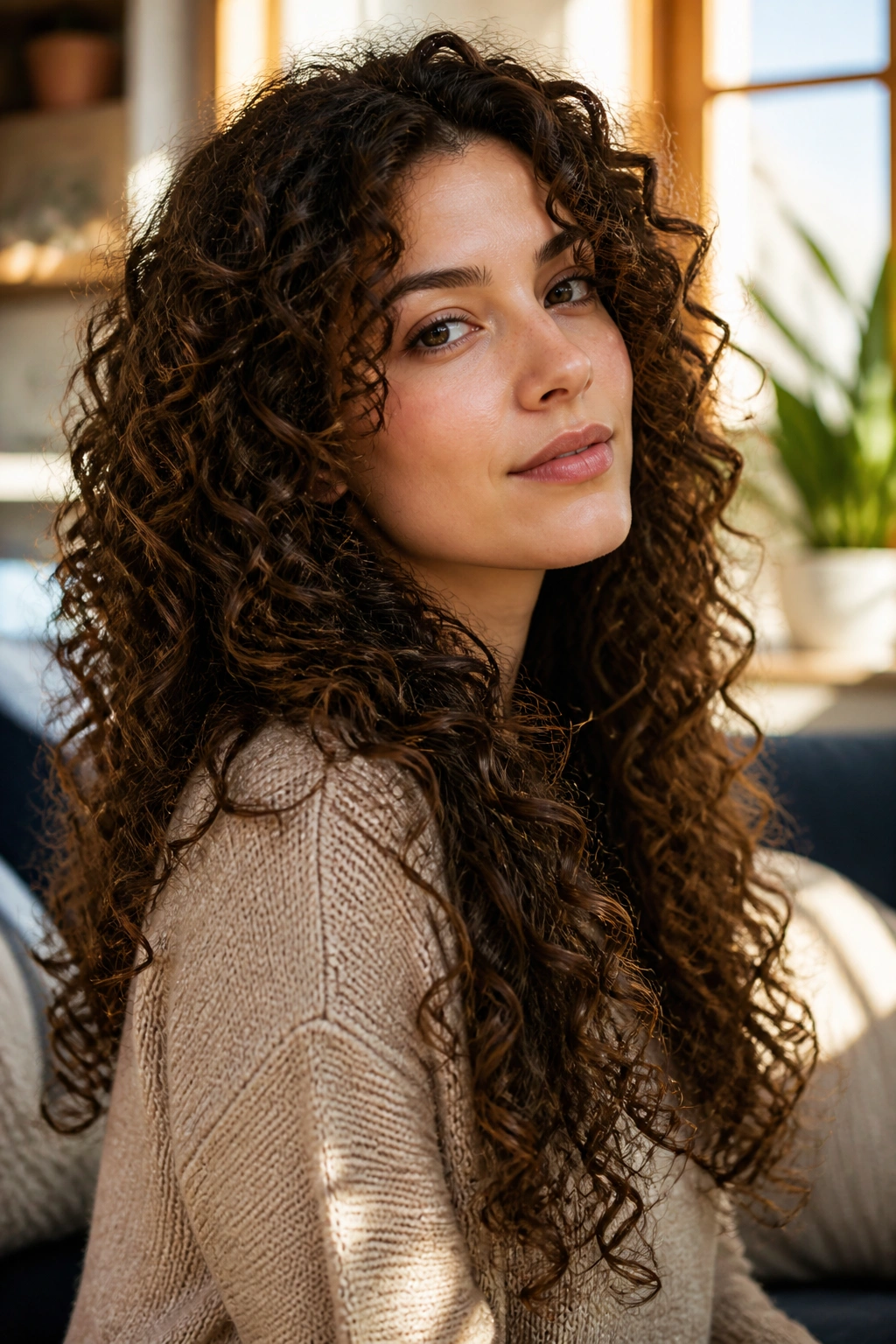 Close-up of a person with long layered curls, showing weight-reducing layers and movement
