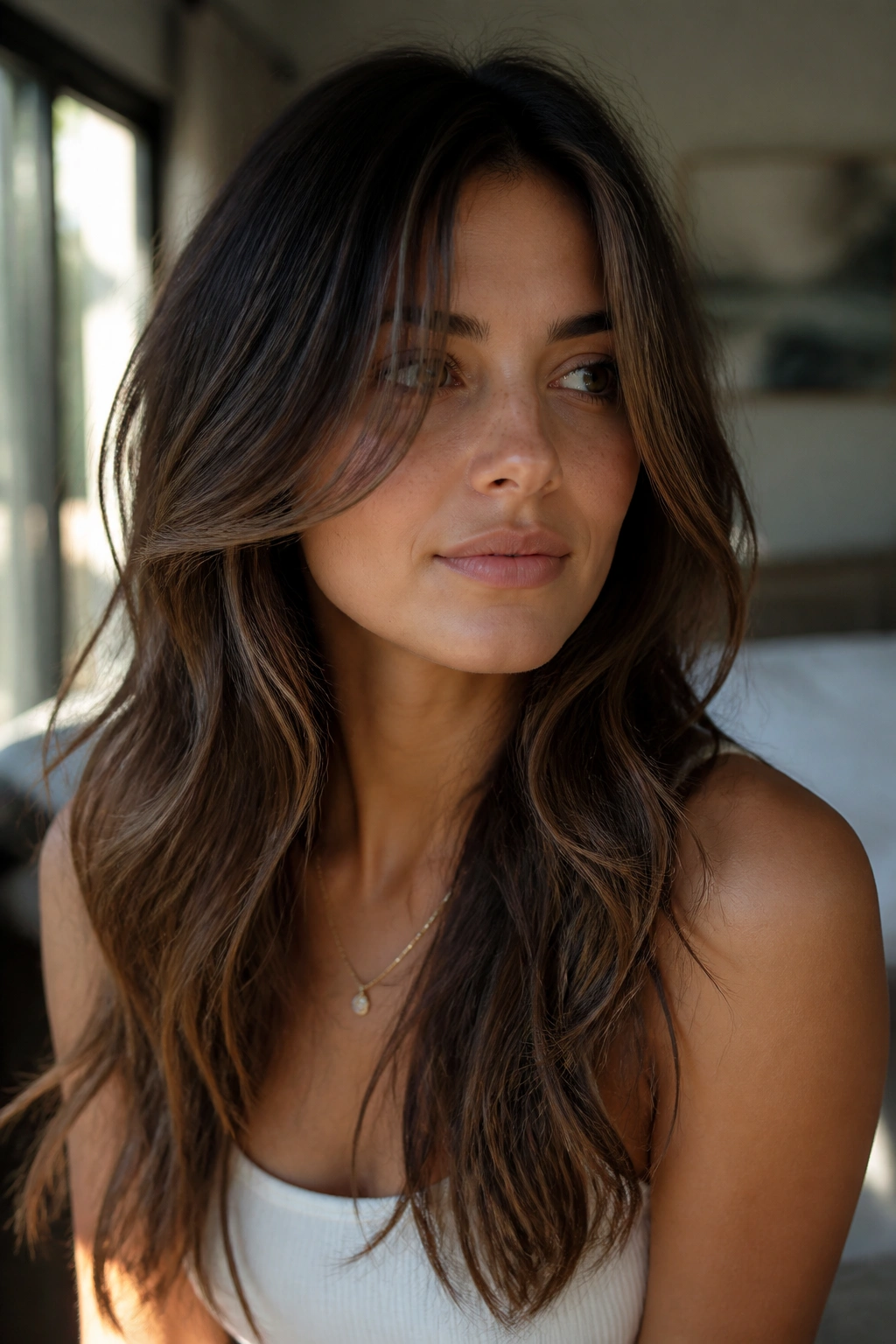Portrait of a real woman with long layers and face-framing pieces in morning light