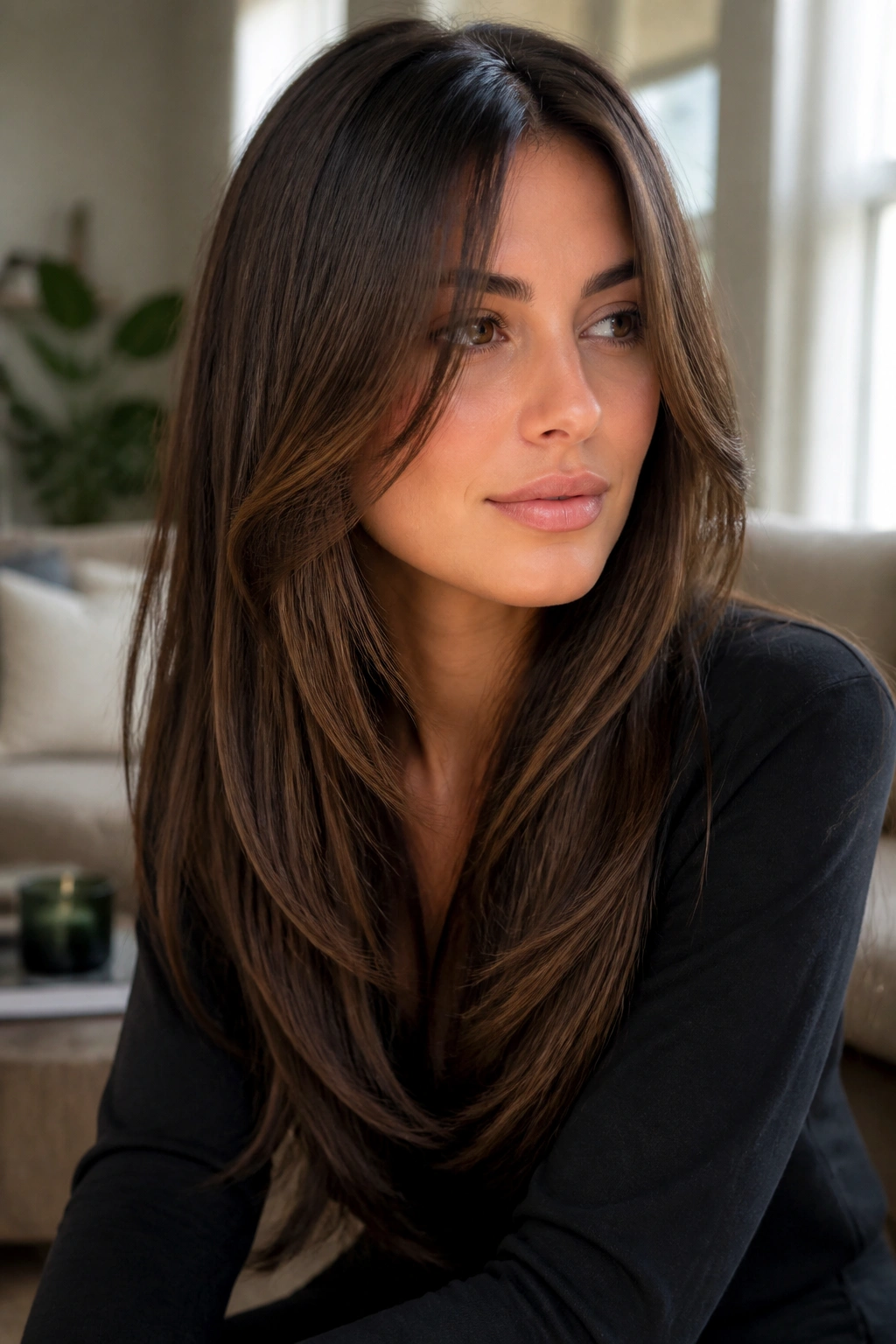 Close-up of a real woman with long layered straight hair and face-framing pieces