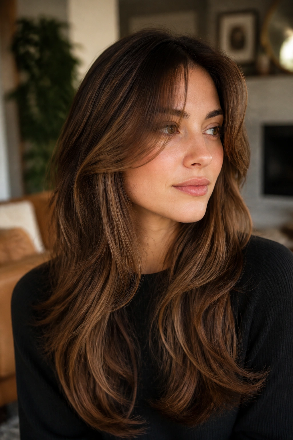 Close-up of person with long layered hair and face-framing pieces