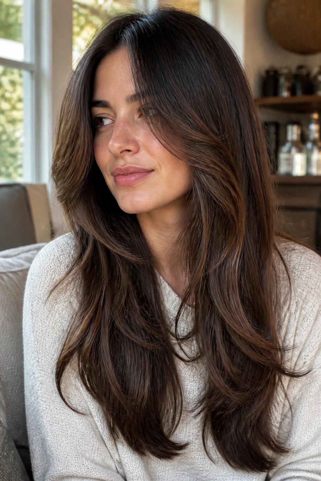 Portrait of a woman with long layers and face-framing pieces