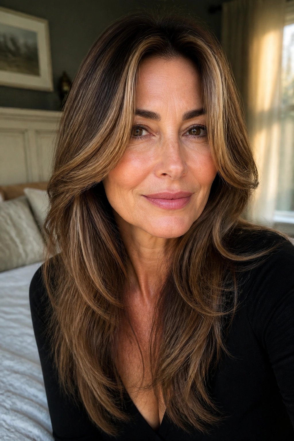 Close-up portrait of a real woman with long layers and face-framing pieces.