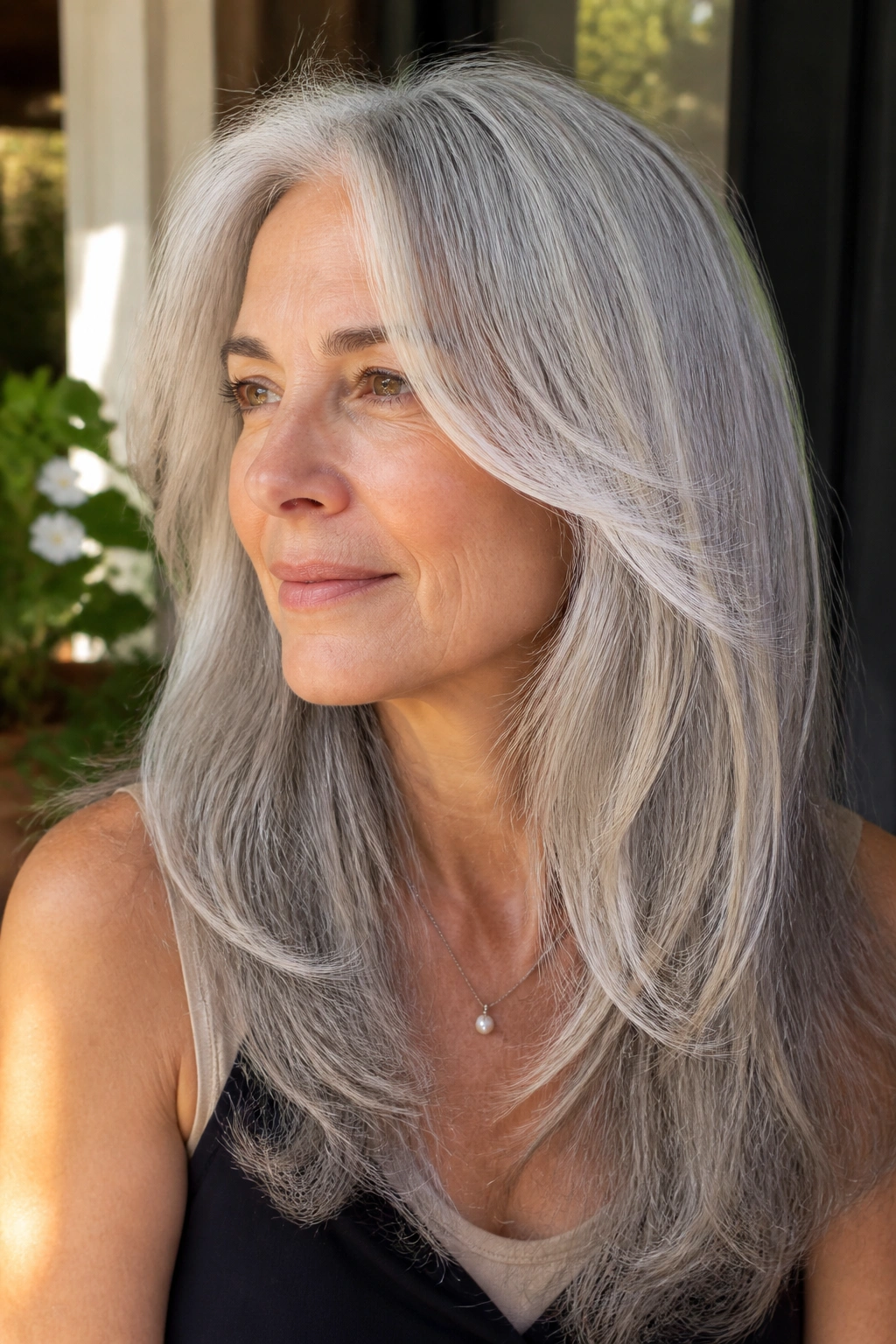 Close-up portrait of a real woman with long layers and face-framing pieces.