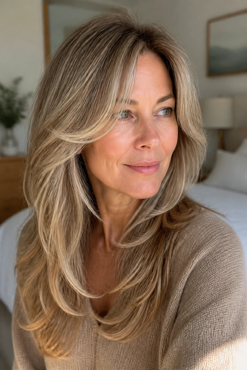 Close-up of a real woman with long layered hair and face-framing pieces