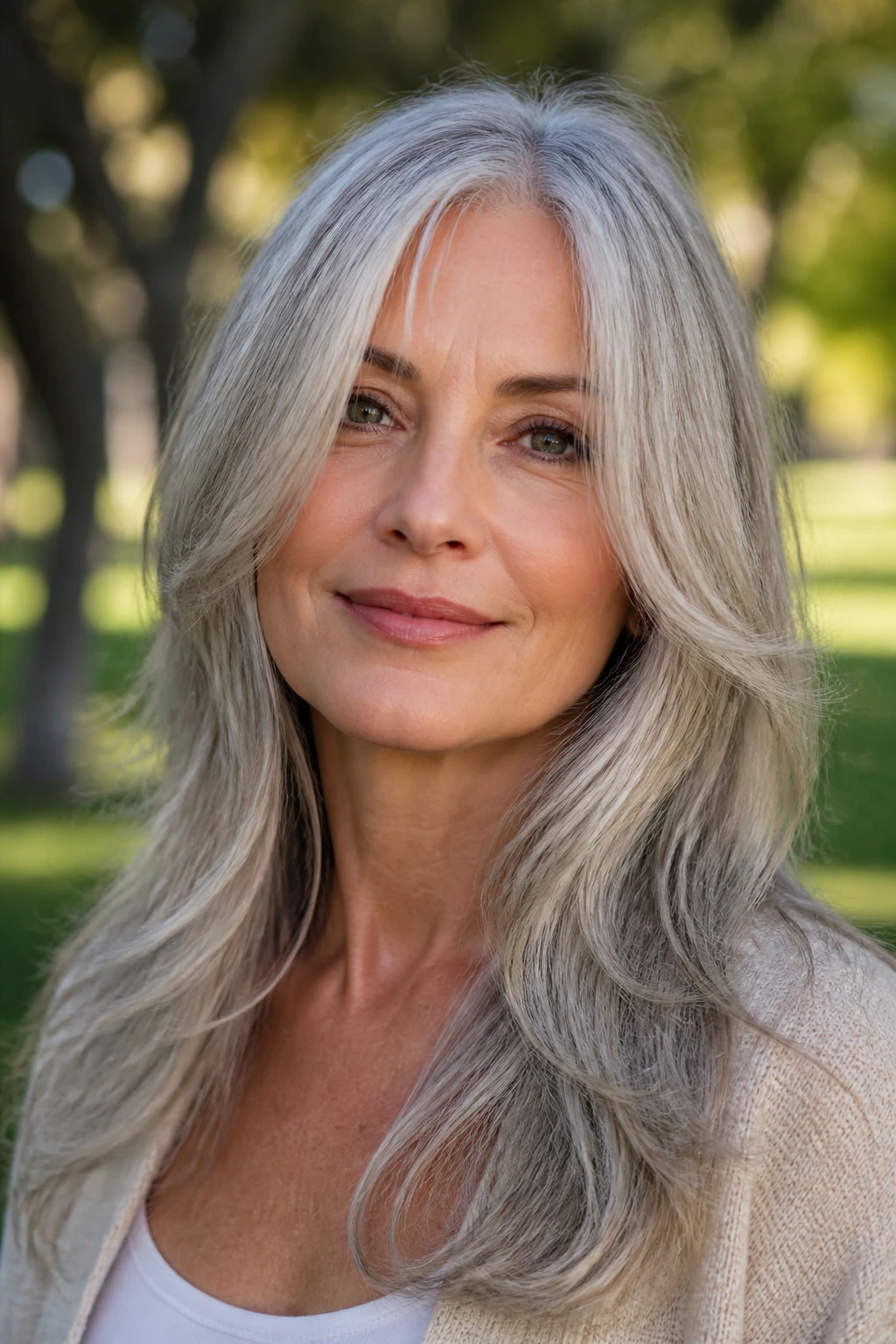 Portrait of a real woman with long gray hair and face-framing layers.