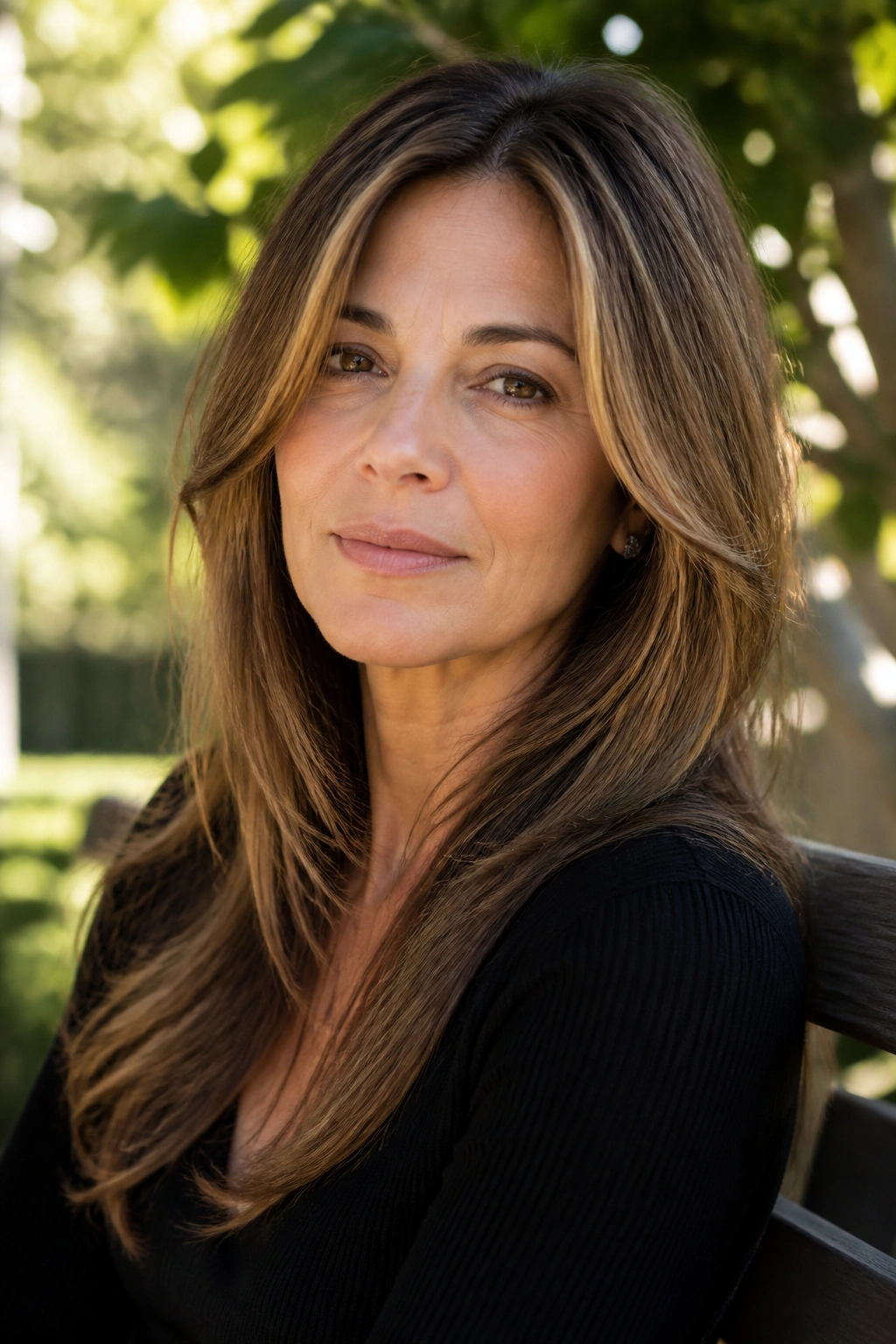 Real woman with long layers and face-framing pieces in an outdoor setting