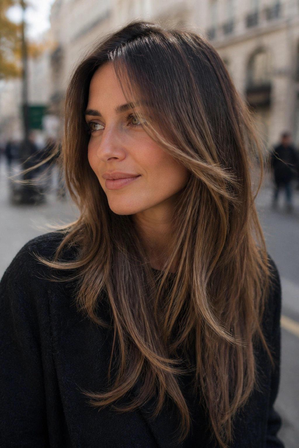 Real woman with long hair and face-framing pieces in natural daylight