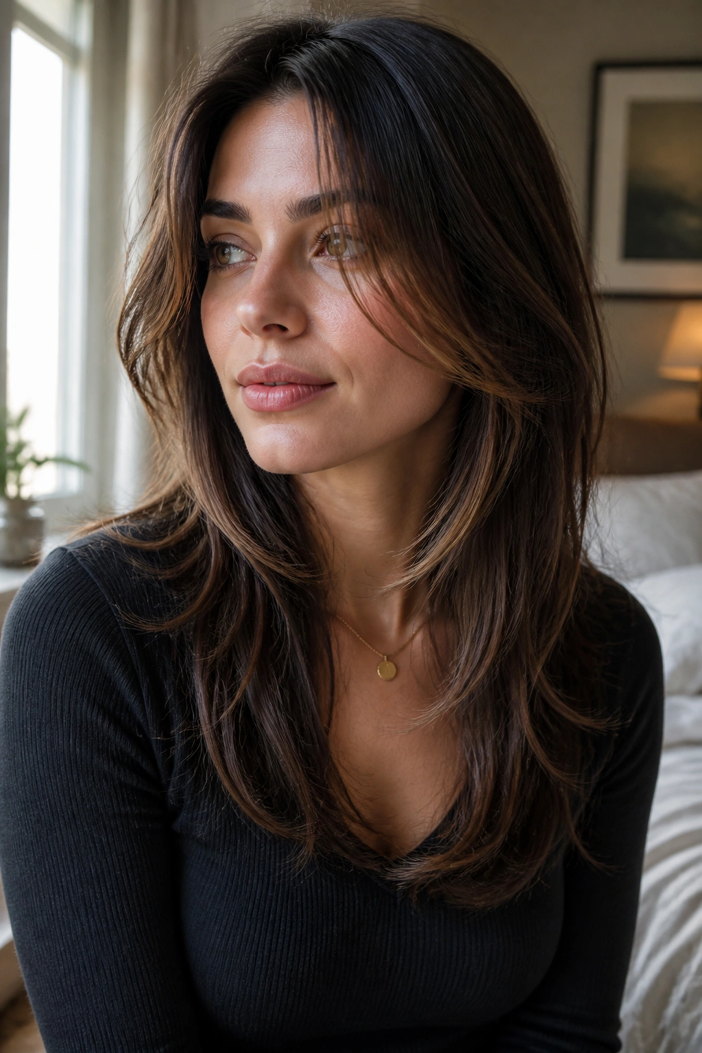 Close-up of a real woman with long layered hair featuring face-framing pieces around the chin to collarbone.