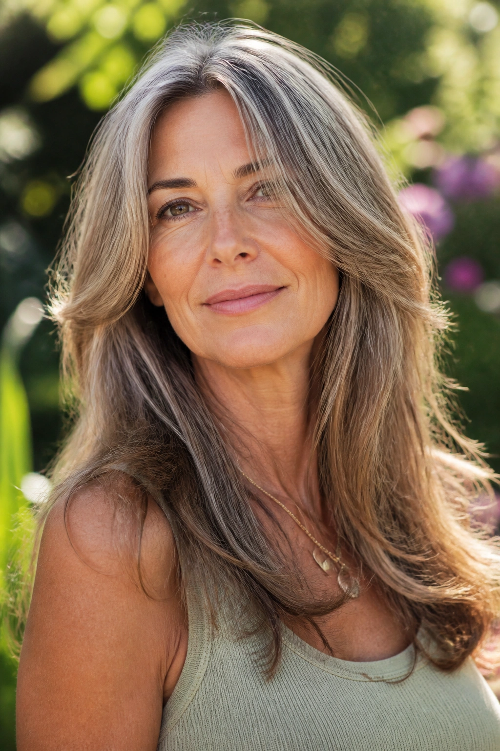 Close-up of a real woman with long layers and face-framing pieces in a garden setting.