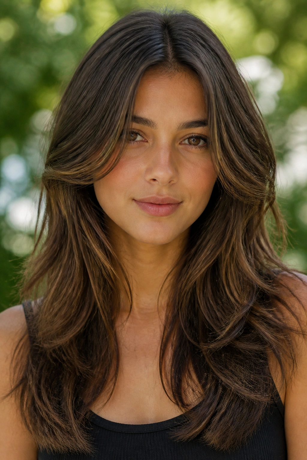 Real woman with long layers framing the face around cheeks and chin.