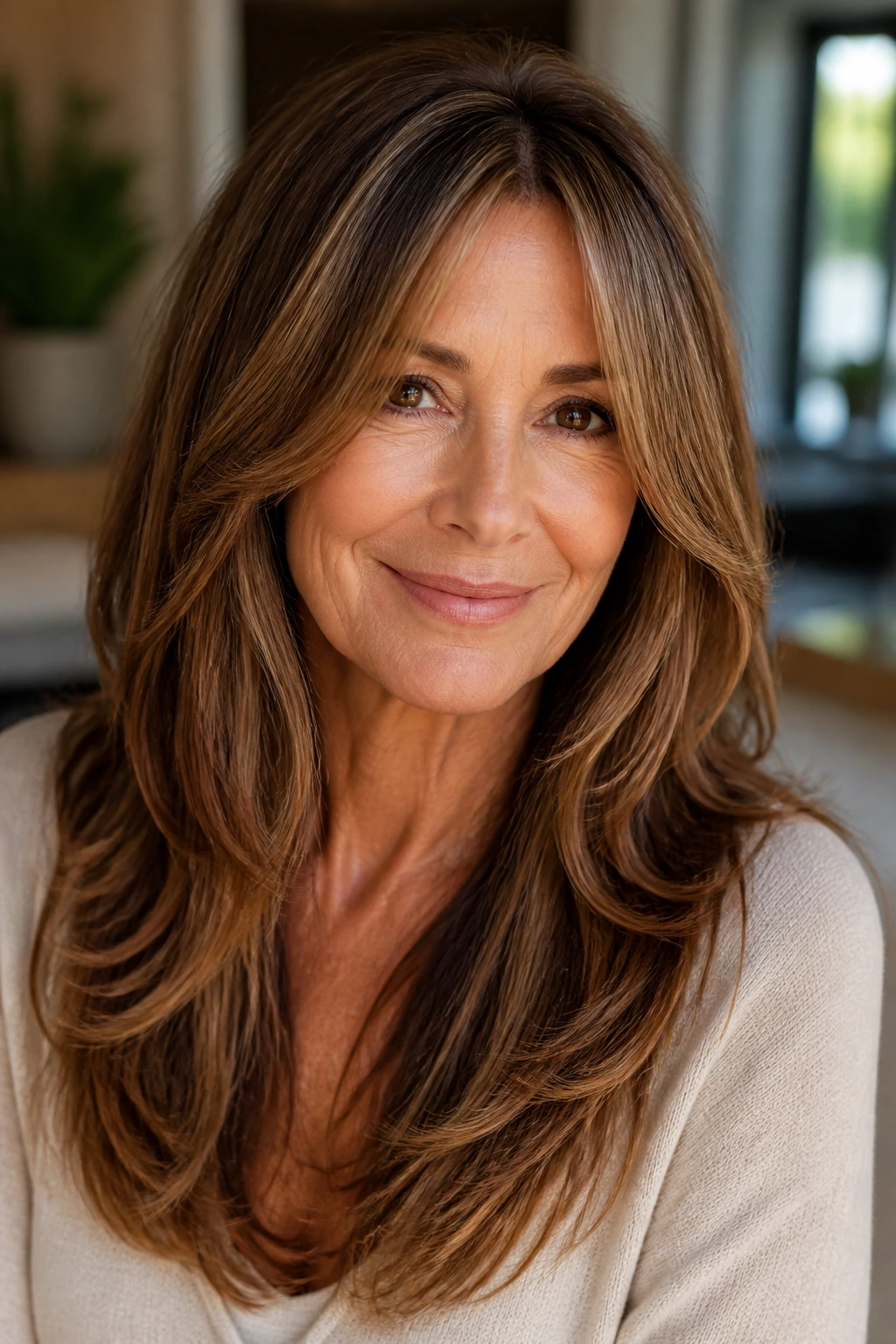 Portrait of a real woman with long layers and face-framing pieces.