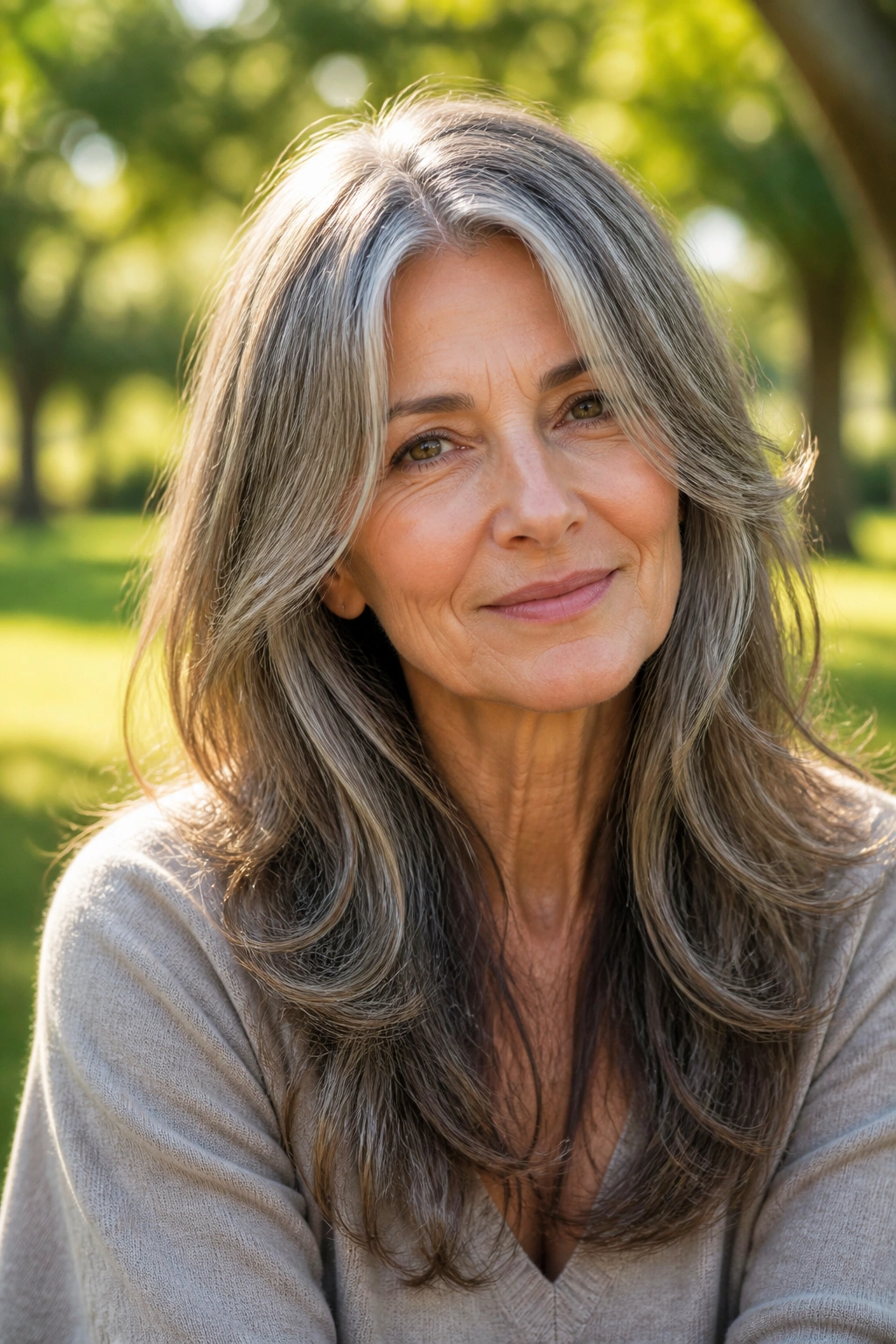 Portrait of a woman with long layered hair and face-framing pieces outdoors in morning light