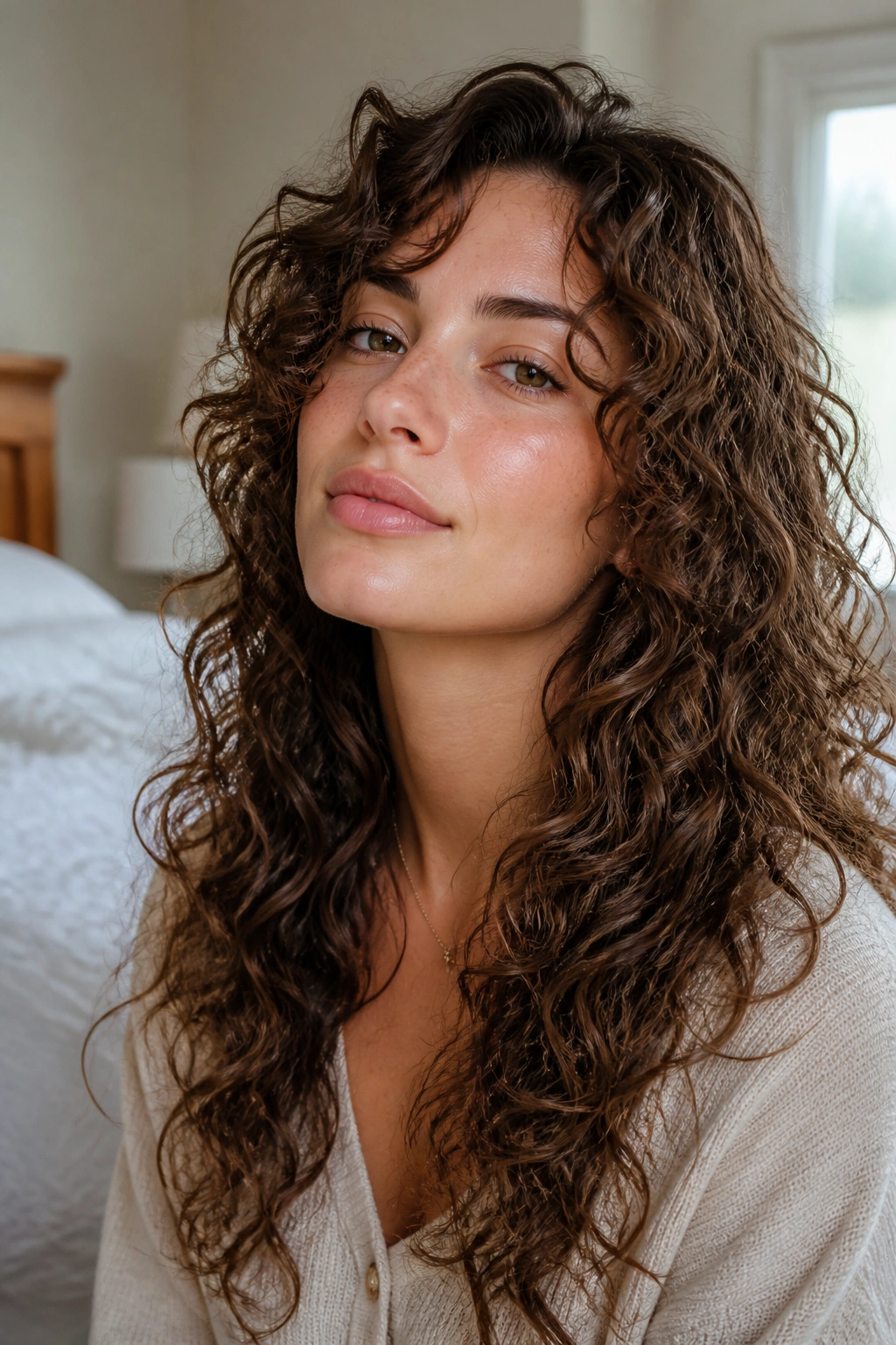 Close-up of a woman with long layers on fine curly hair in soft window light