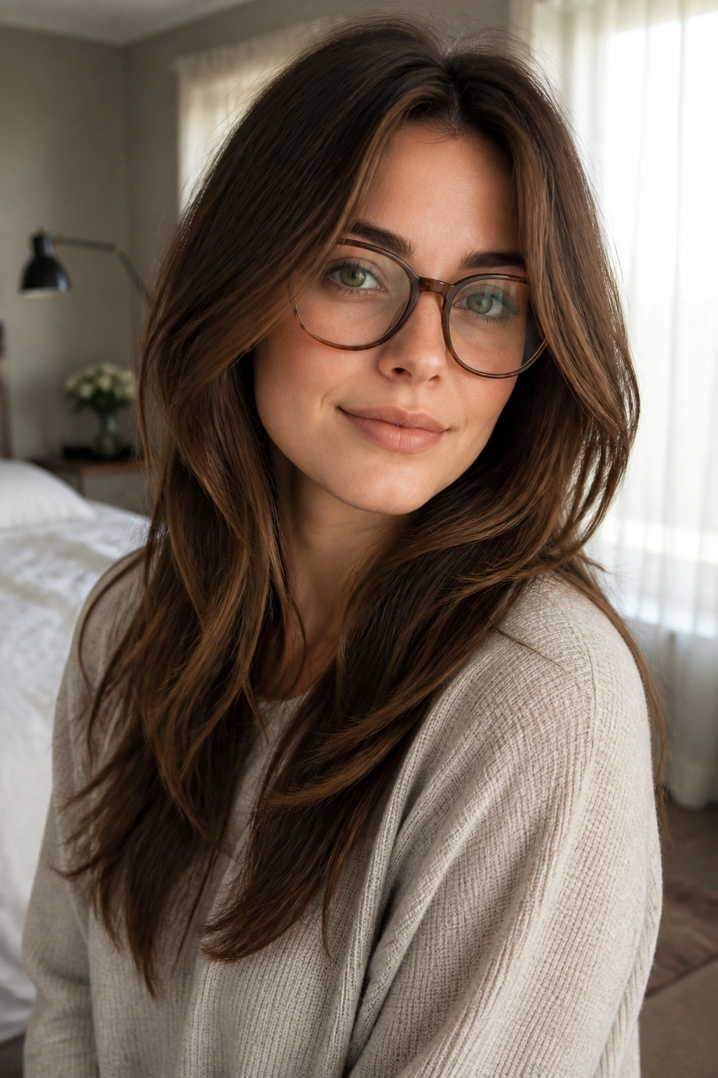 Close-up of woman with long layered hair and glasses in morning light