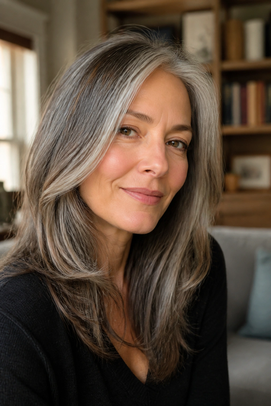 Close-up of a real woman with long layers and gray hair blending in