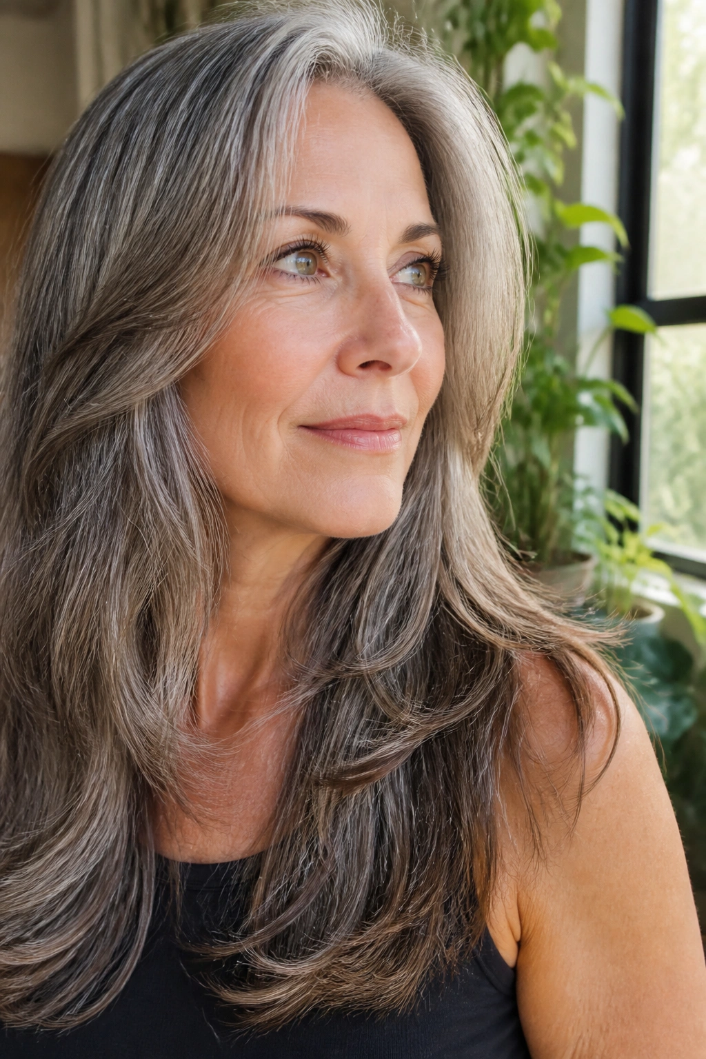 Close-up of long layered salt-and-pepper hair showing movement