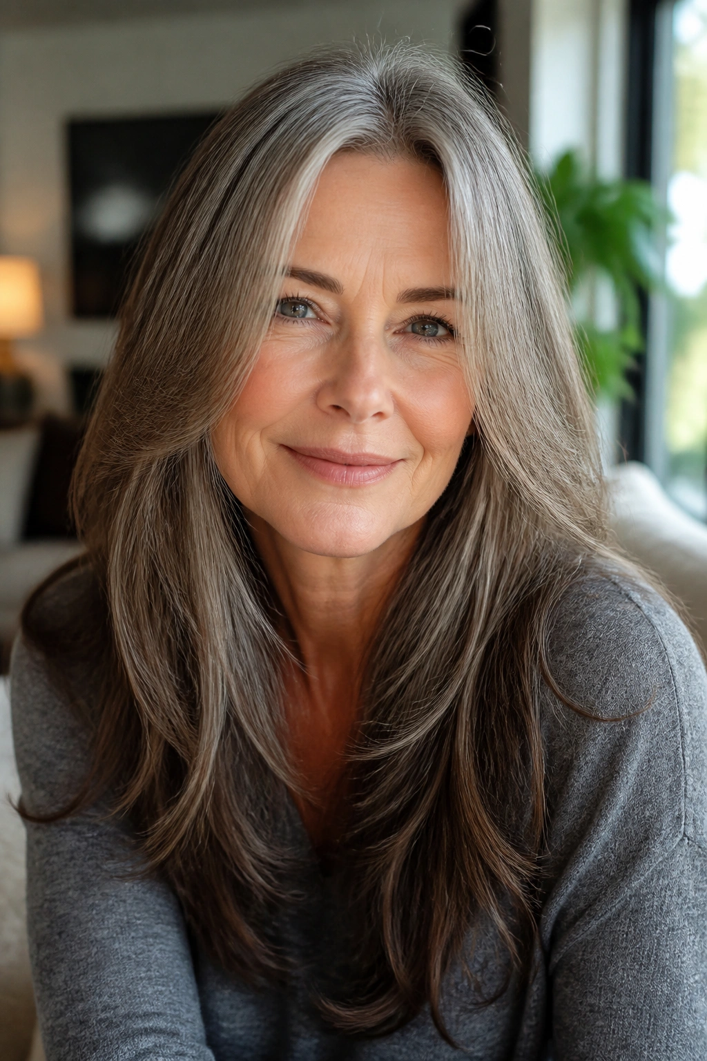 Close-up of a real woman with long hair and subtle layers