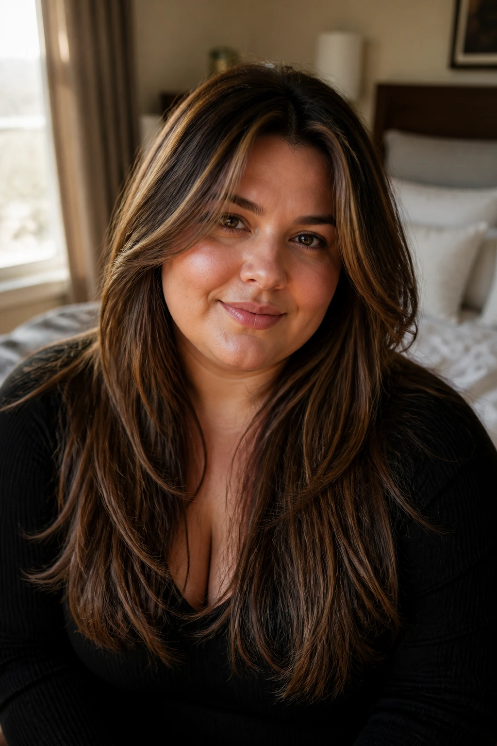 Close-up portrait of a real woman with long layers and soft waves in warm window light