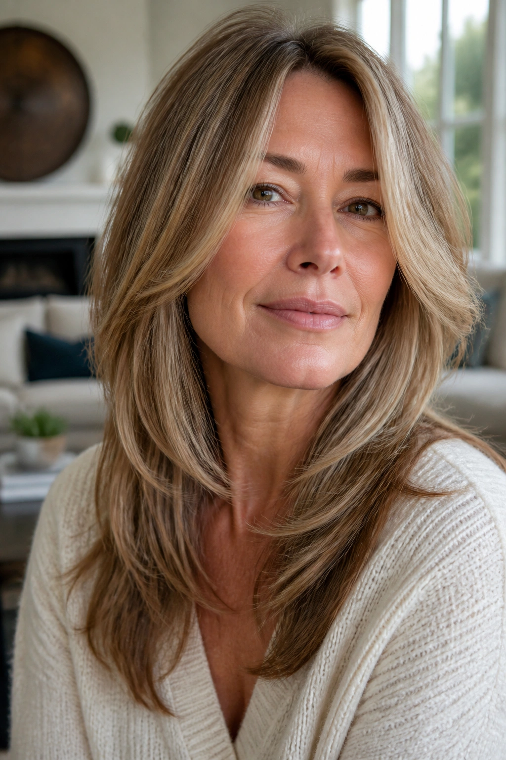 Close-up of a real middle-aged woman with long layered hair