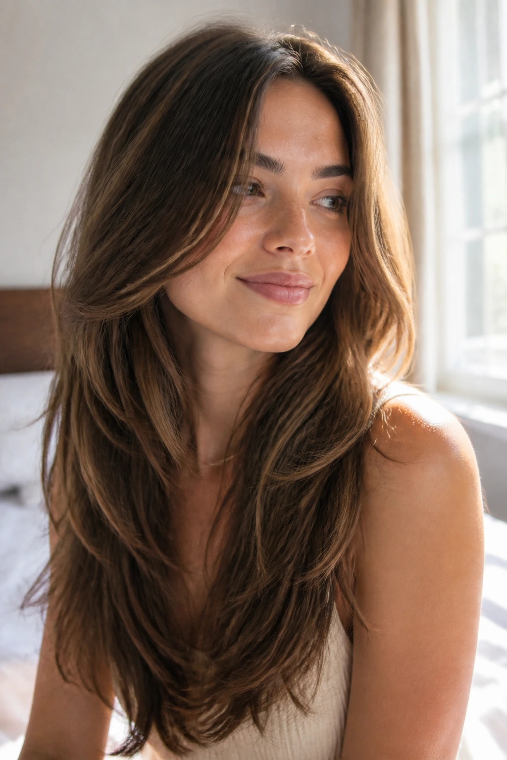 Close-up portrait of a woman with long layered hair showing mid-length internal weight removal.
