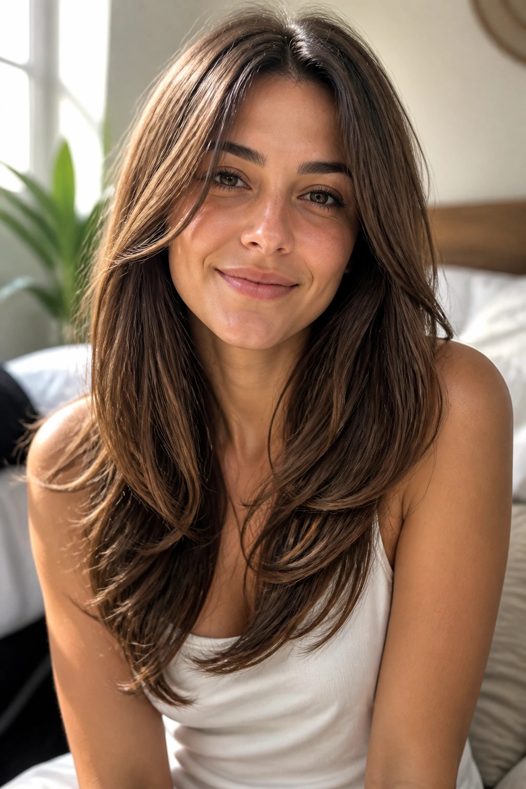 Close-up portrait of a real woman with long layered hair framing an oval face, soft natural light