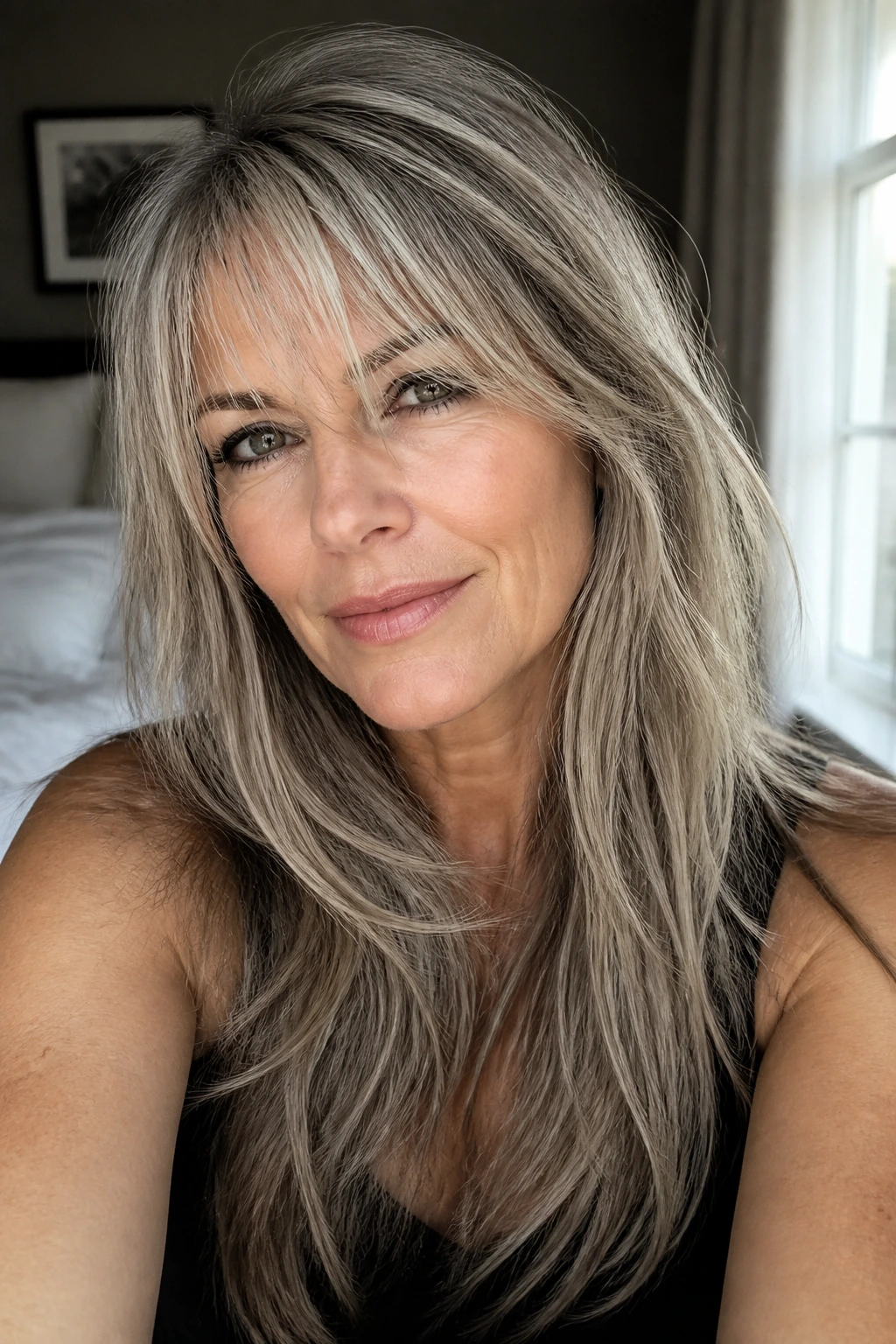 Close-up portrait of a woman with long layers and piecey bangs in soft daylight