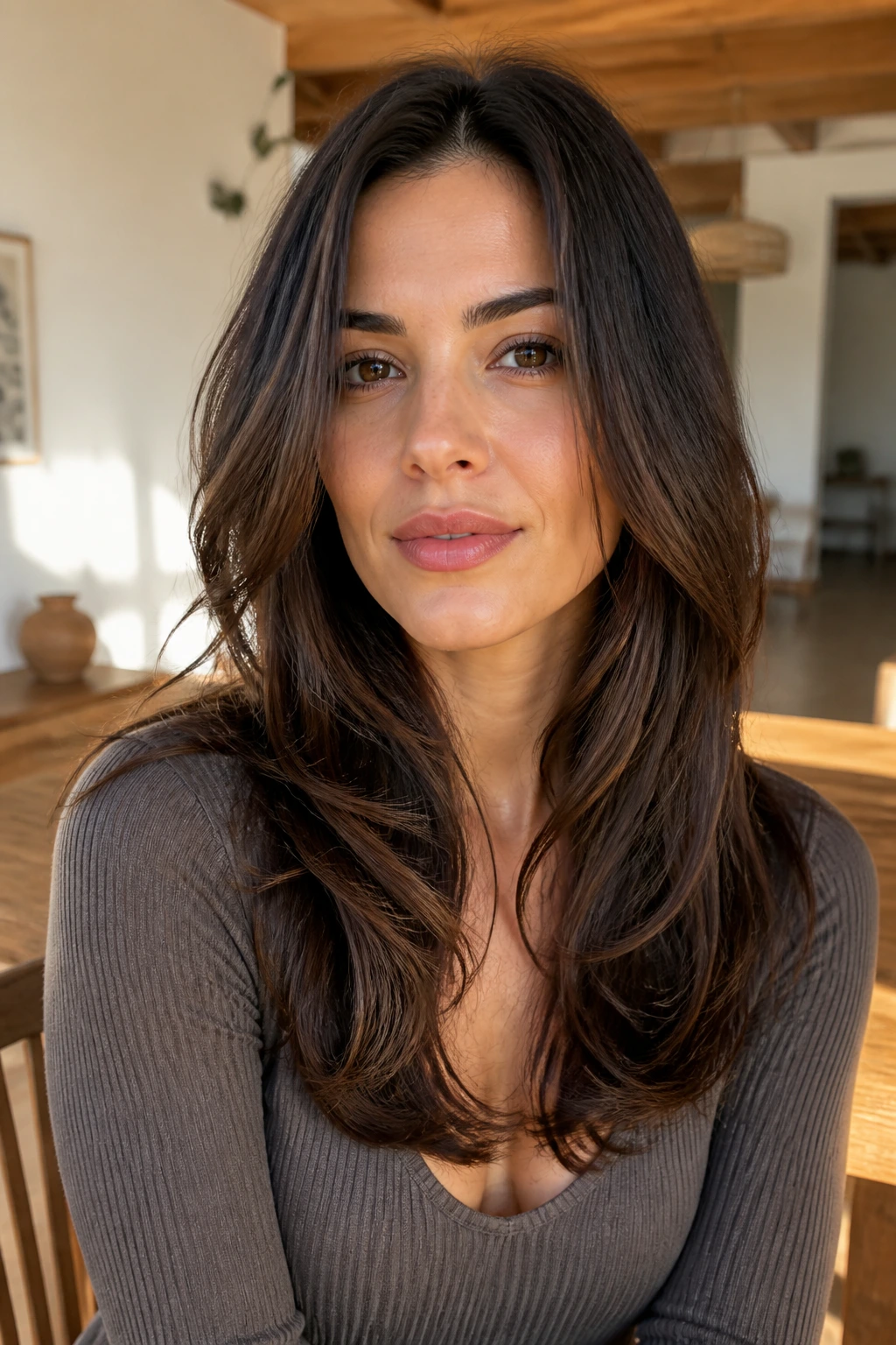 Close-up of a real woman showing long layers starting at chin with soft waves