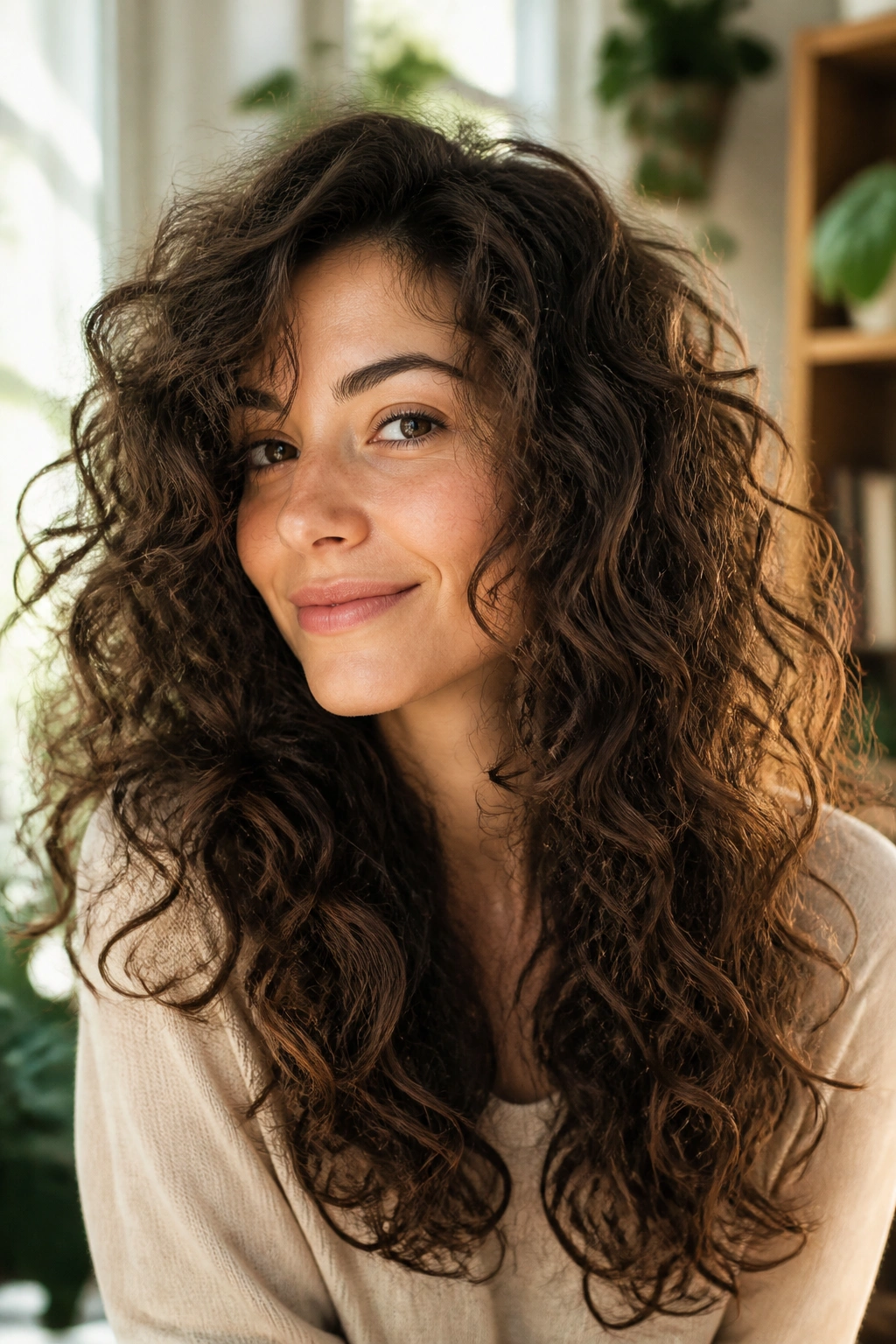 Close-up of real woman with long curls and scrunched ends