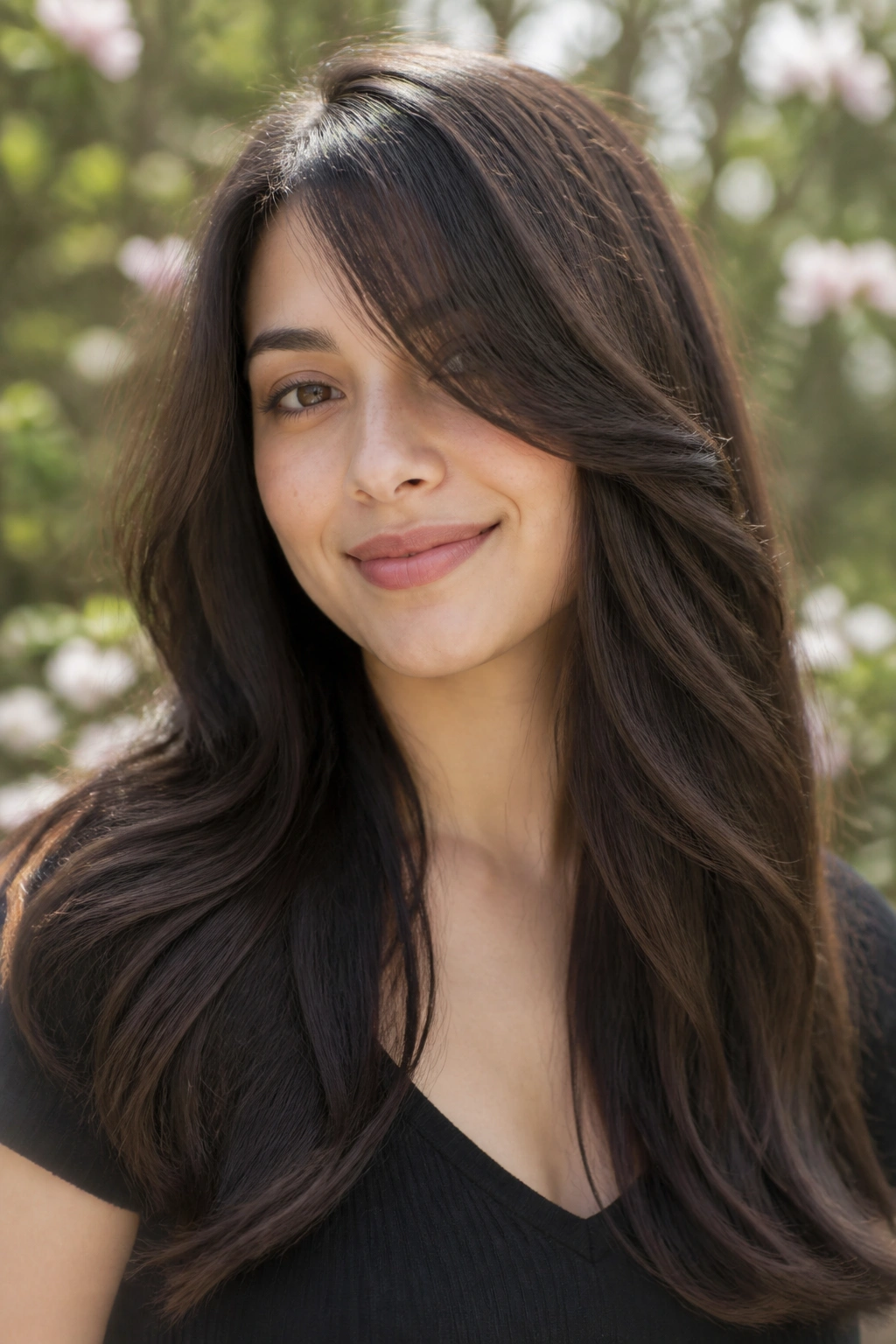 Portrait of a person with long layers and long side bangs framing the face
