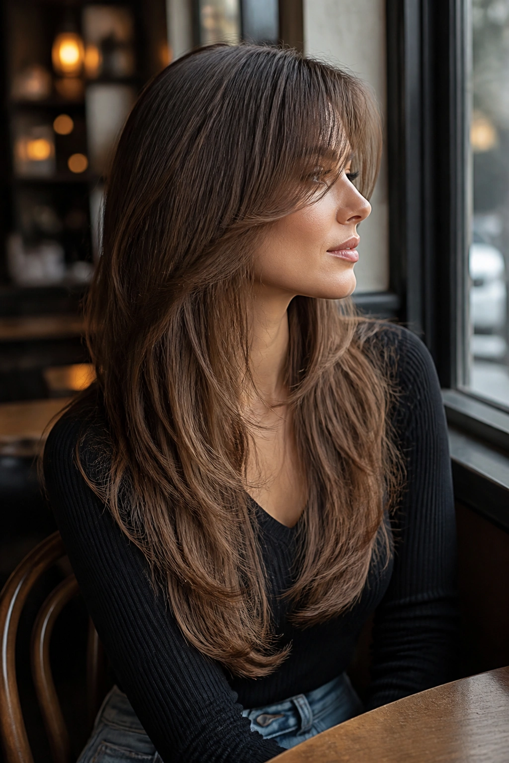 Side-profile of real person with long layers and side bangs blending into the length