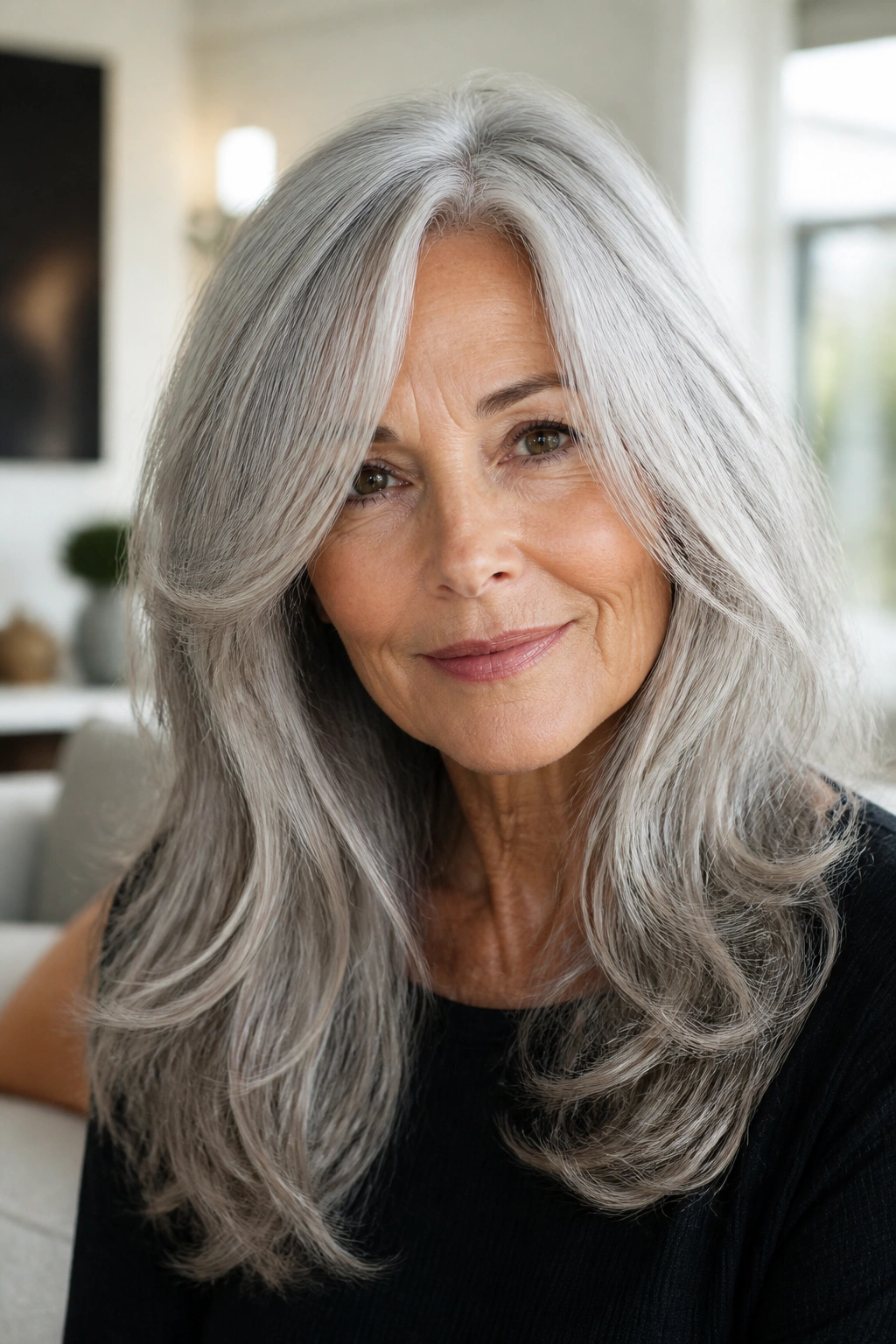 Portrait of woman with long layered silver hair showing dimensional color.