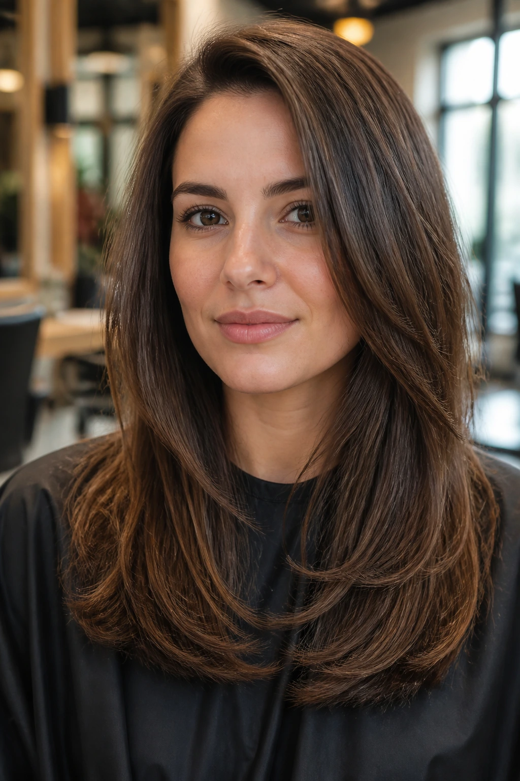 Close-up of a real woman with long layers softening a square jaw.