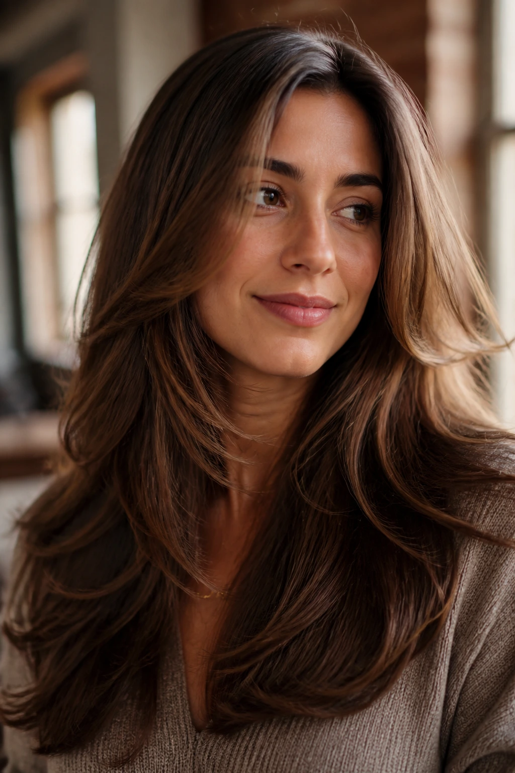 Close-up of a real woman with long layered hair showing subtle weight removal and soft movement