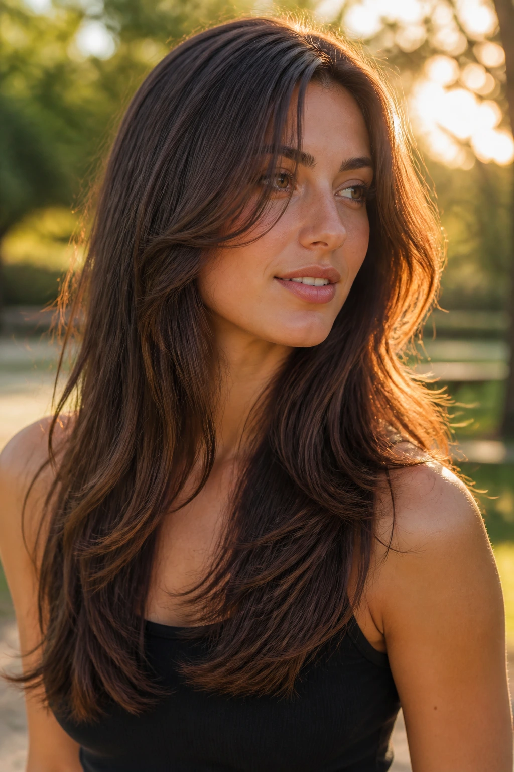 Close-up portrait of a real woman with long layers and tapered ends